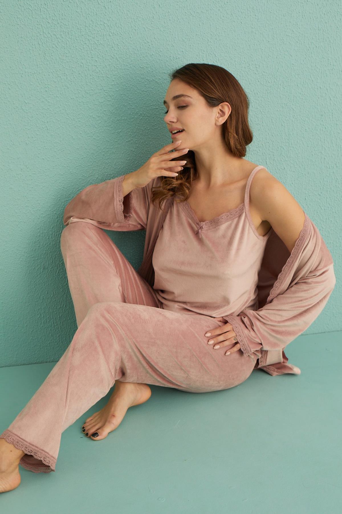 Kadın Sabahlıklı 3'lü Kadife Pijama Takımı 13402-9 Pudra
