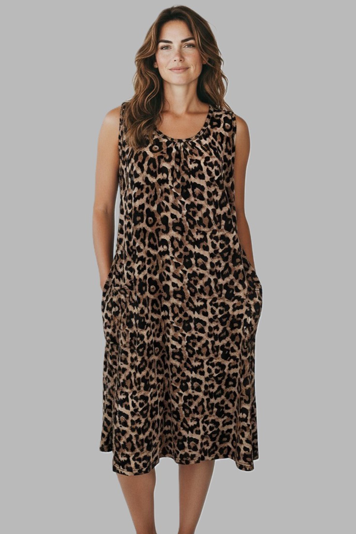 Kadın Sıfır Kol Viskon Elbise Pijama 25235-7 Leopar2