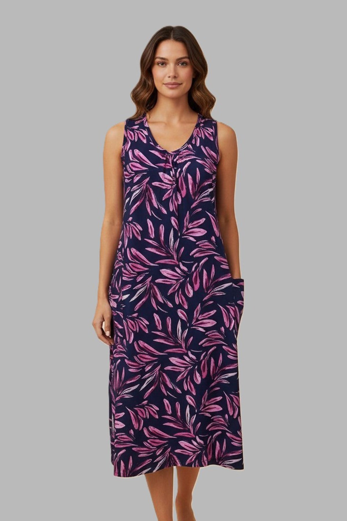 Kadın Sıfır Kol Viskon Elbise Pijama 25235-3 Koyu Lacivert