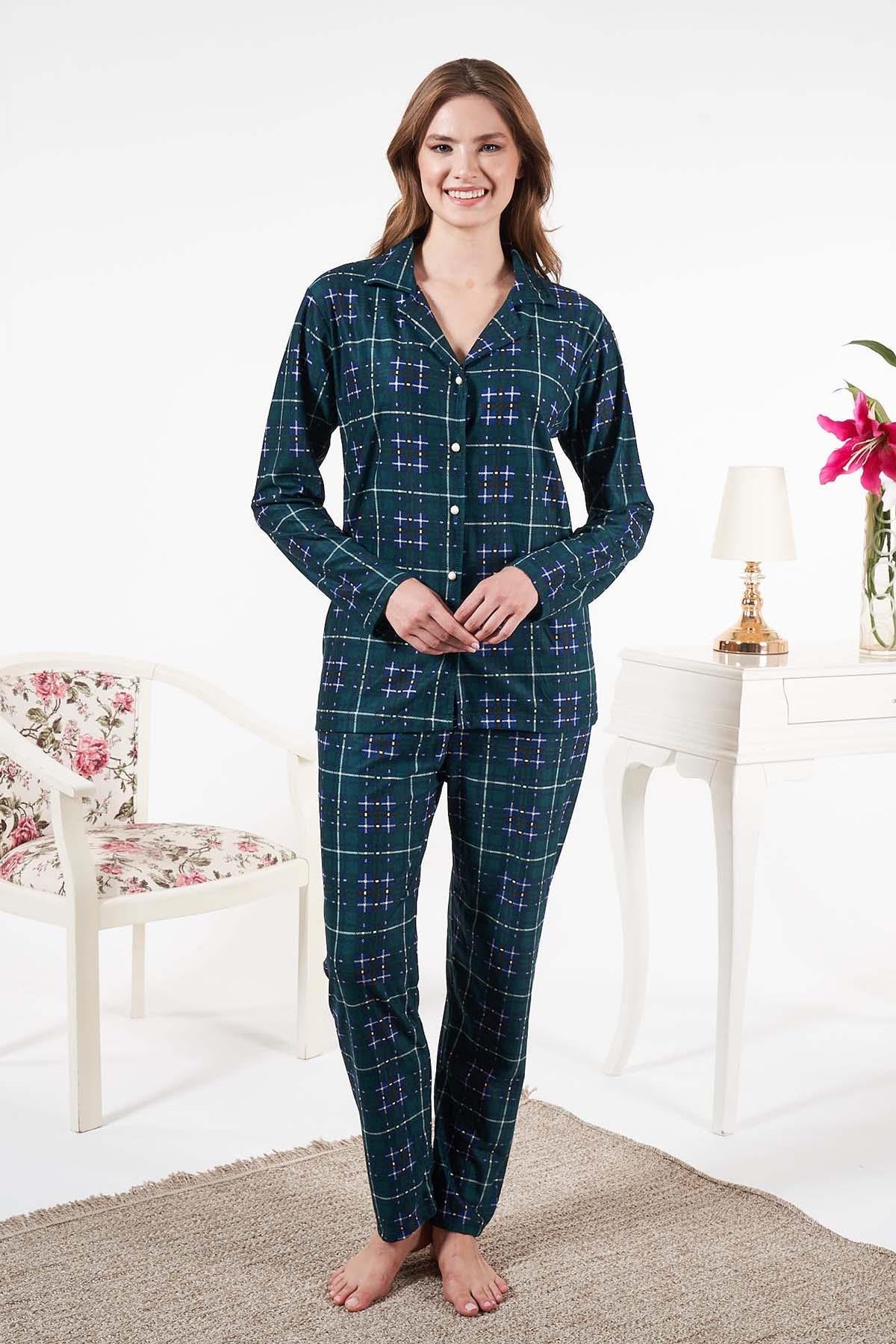 Kadın Süet Önden Düğmeli Pijama Takımı 25331 Yeşil