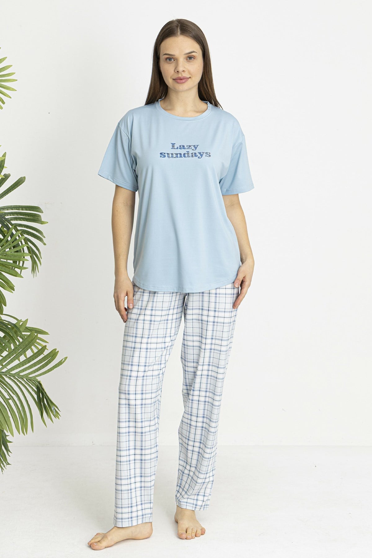 Kadın Süprem Kumaş Kısa Kol Pijama Takımı 26194 Bebe Mavisi