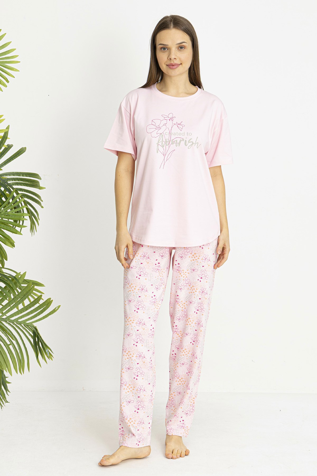 Kadın Süprem Kumaş Kısa Kol Pijama Takımı 26190 Pembe