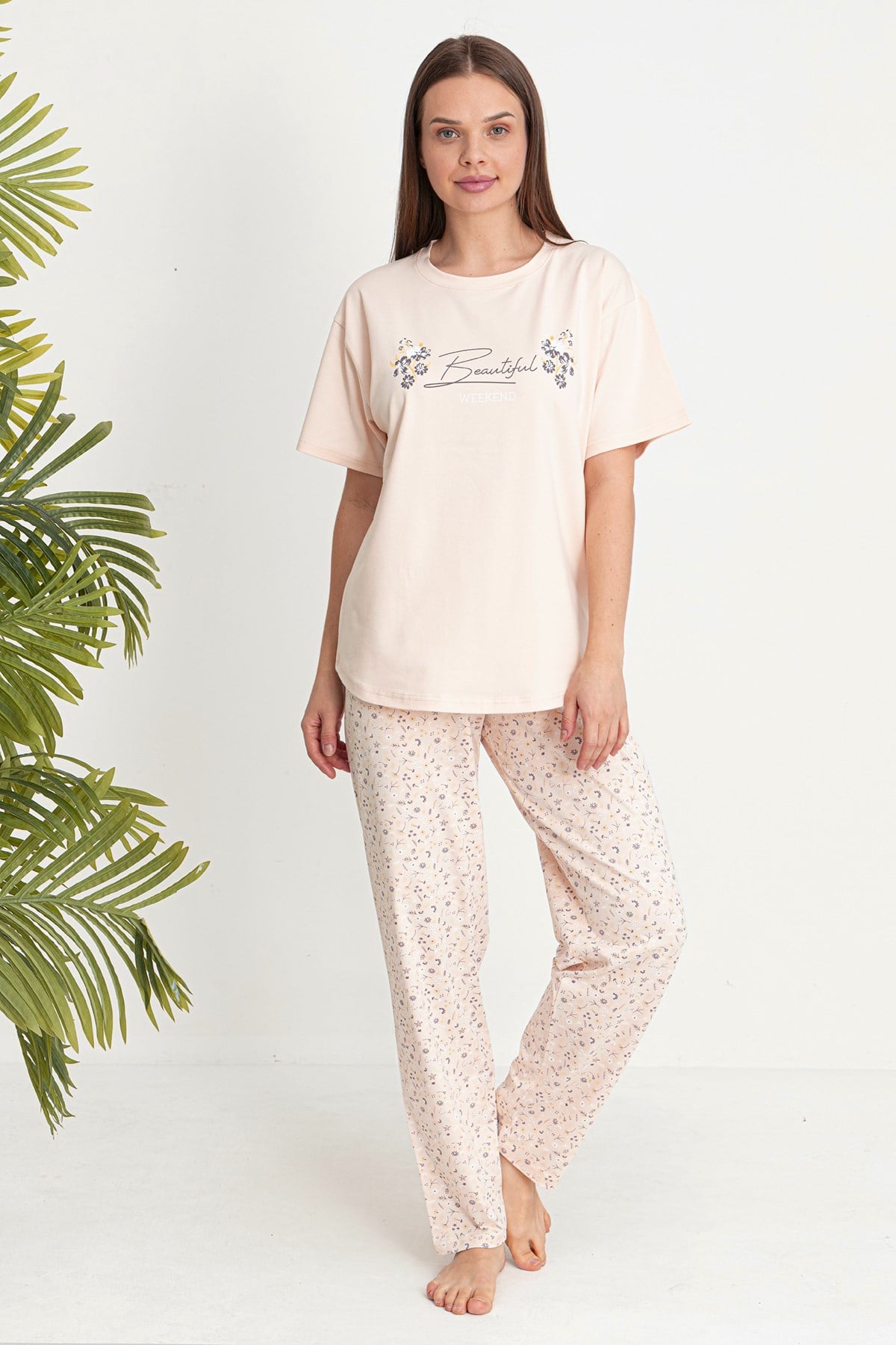 Kadın Süprem Kumaş Kısa Kol Pijama Takımı 26191 Somon