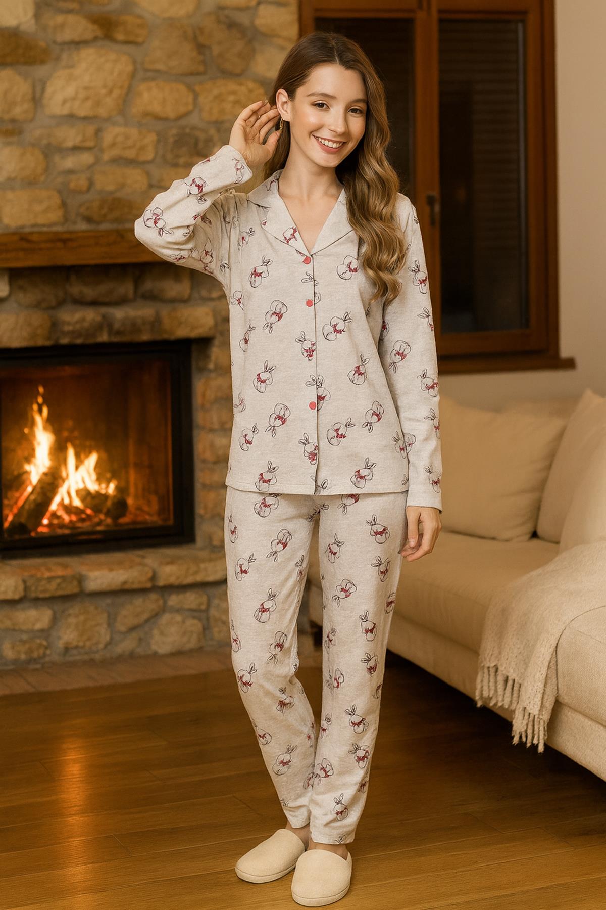 Kadın Tavşan Desen Suprem Düğmeli Pijama Takımı 0371 Vizon03