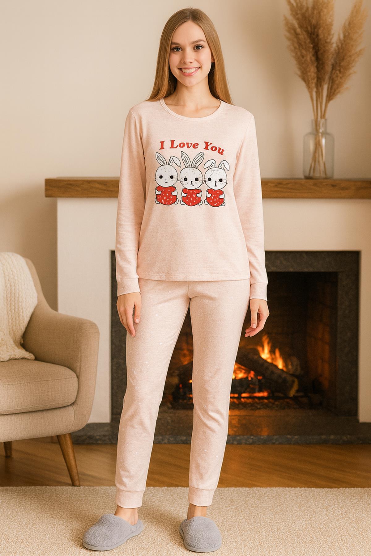 Kadın Tavşan Desen Suprem Pijama Takımı 0497 Pudra