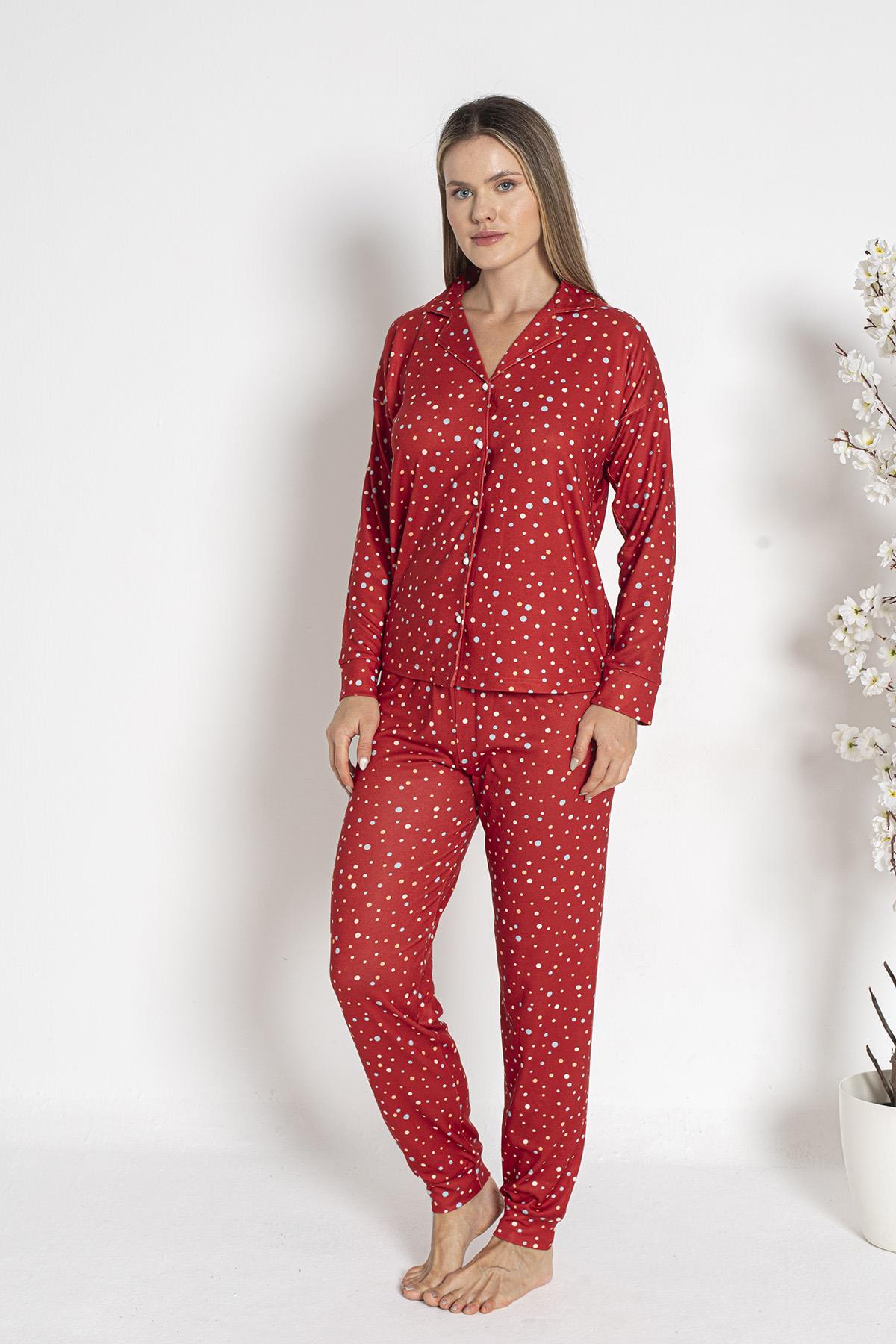 Kadın Termal Önü Düğmeli Pijama Takımı 24492 Kırmızı