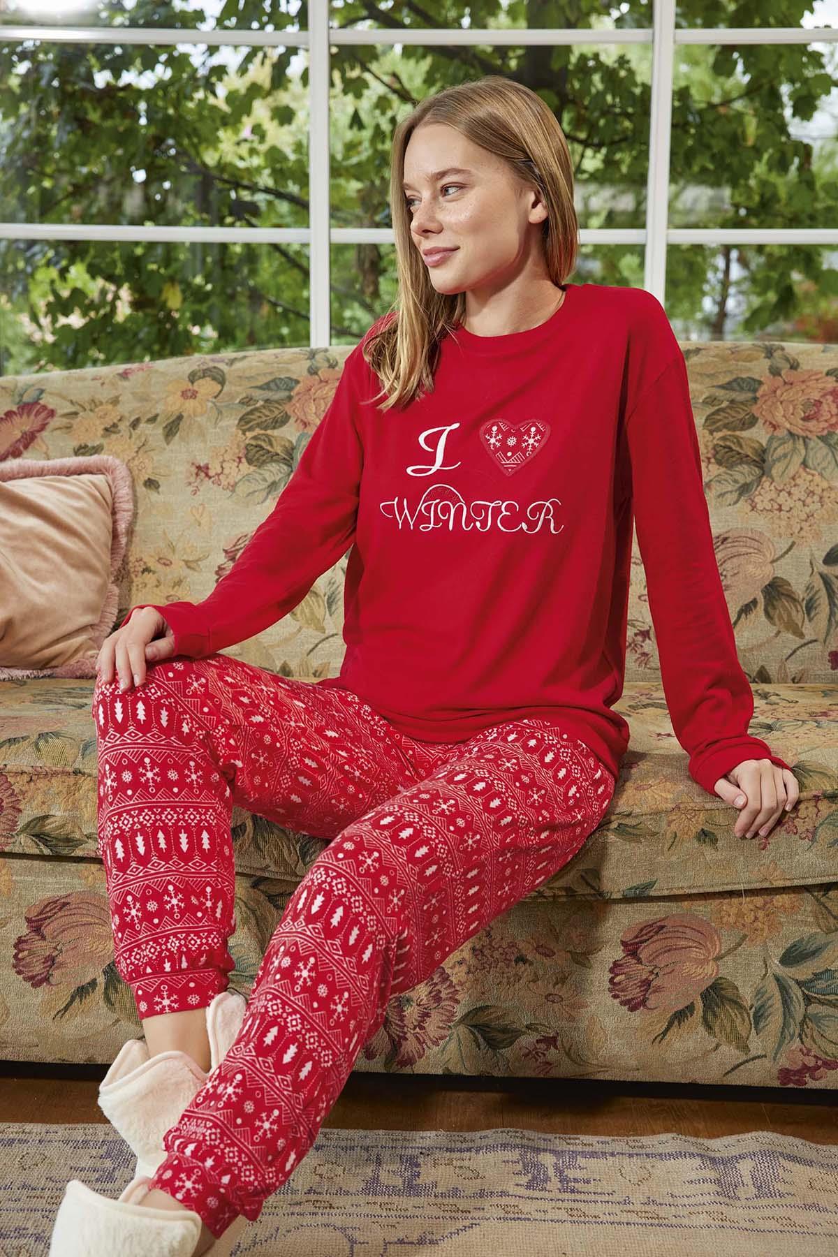 Kadın Termal Uzun Kol Pijama Takımı 30000 Kırmızı