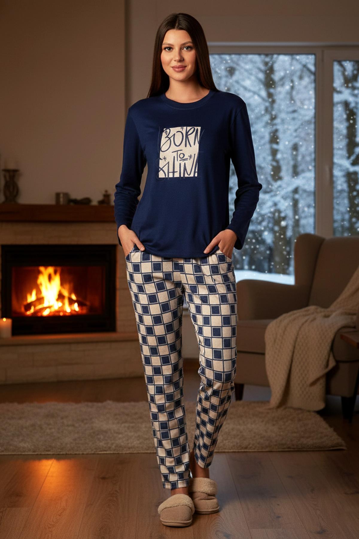 Kadın Termal Uzun Kol Pijama Takımı 4714 Lacivert01