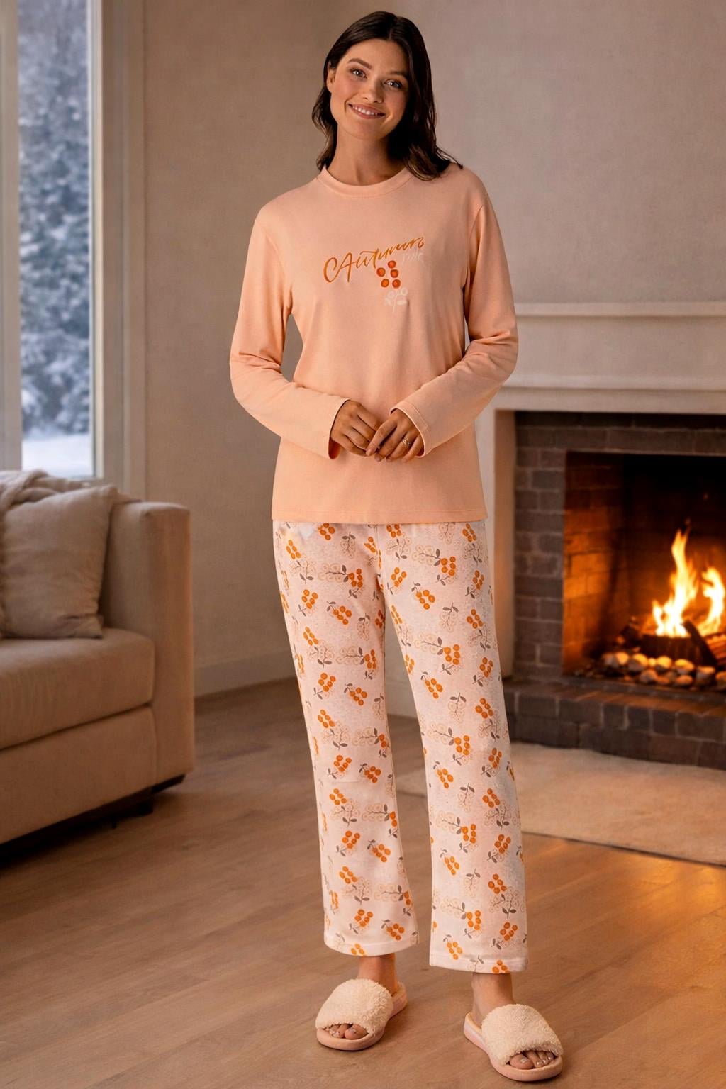 Kadın Termal Uzun Kol Pijama Takımı 4759 Somon01