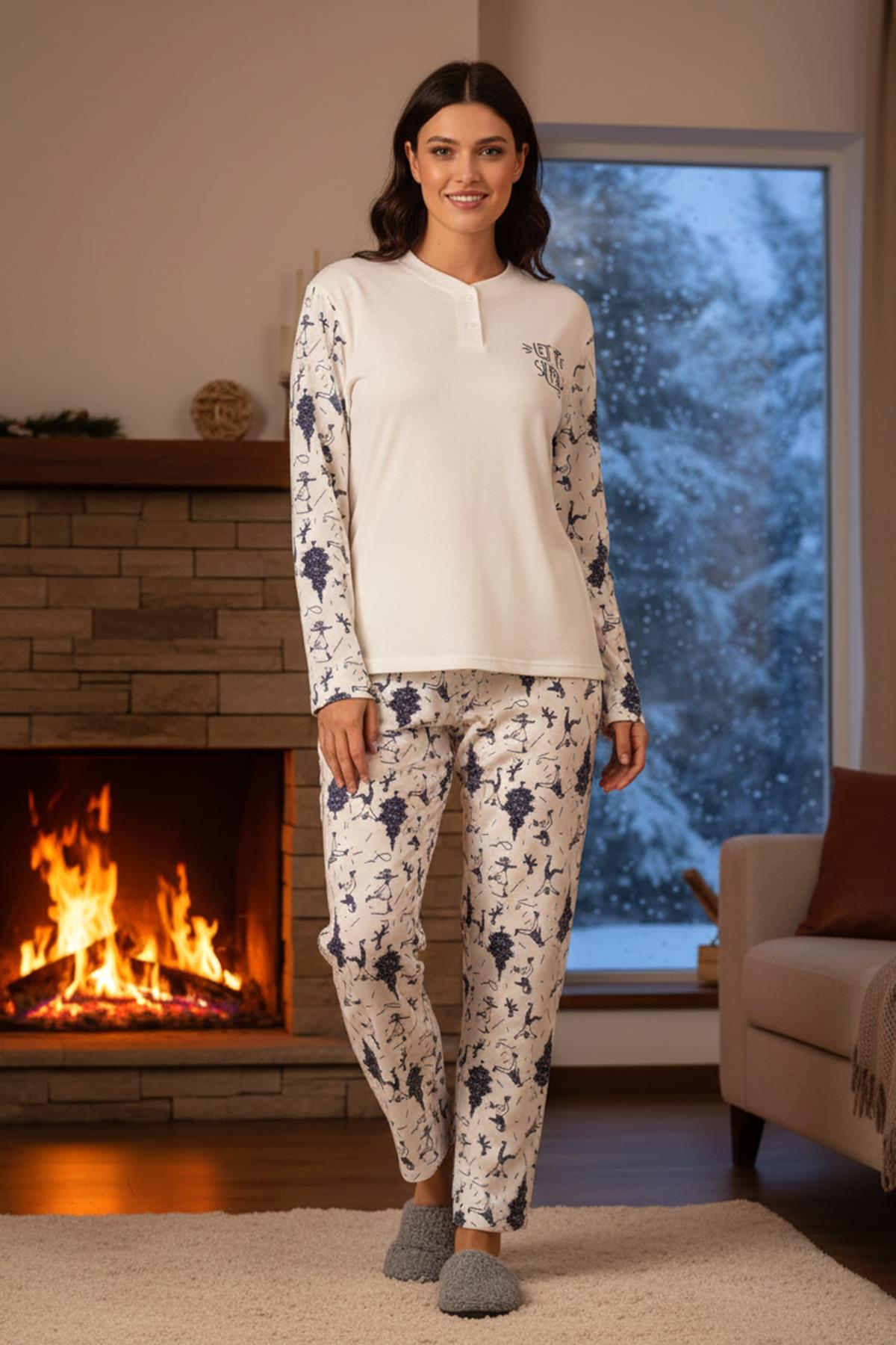Kadın Termal Uzun Kol Pijama Takımı 4761 Ekru