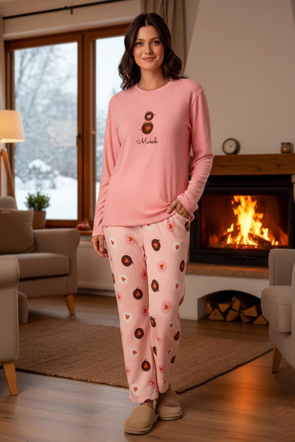 Kadın Termal Uzun Kol Pijama Takımı 4753 Pembe01