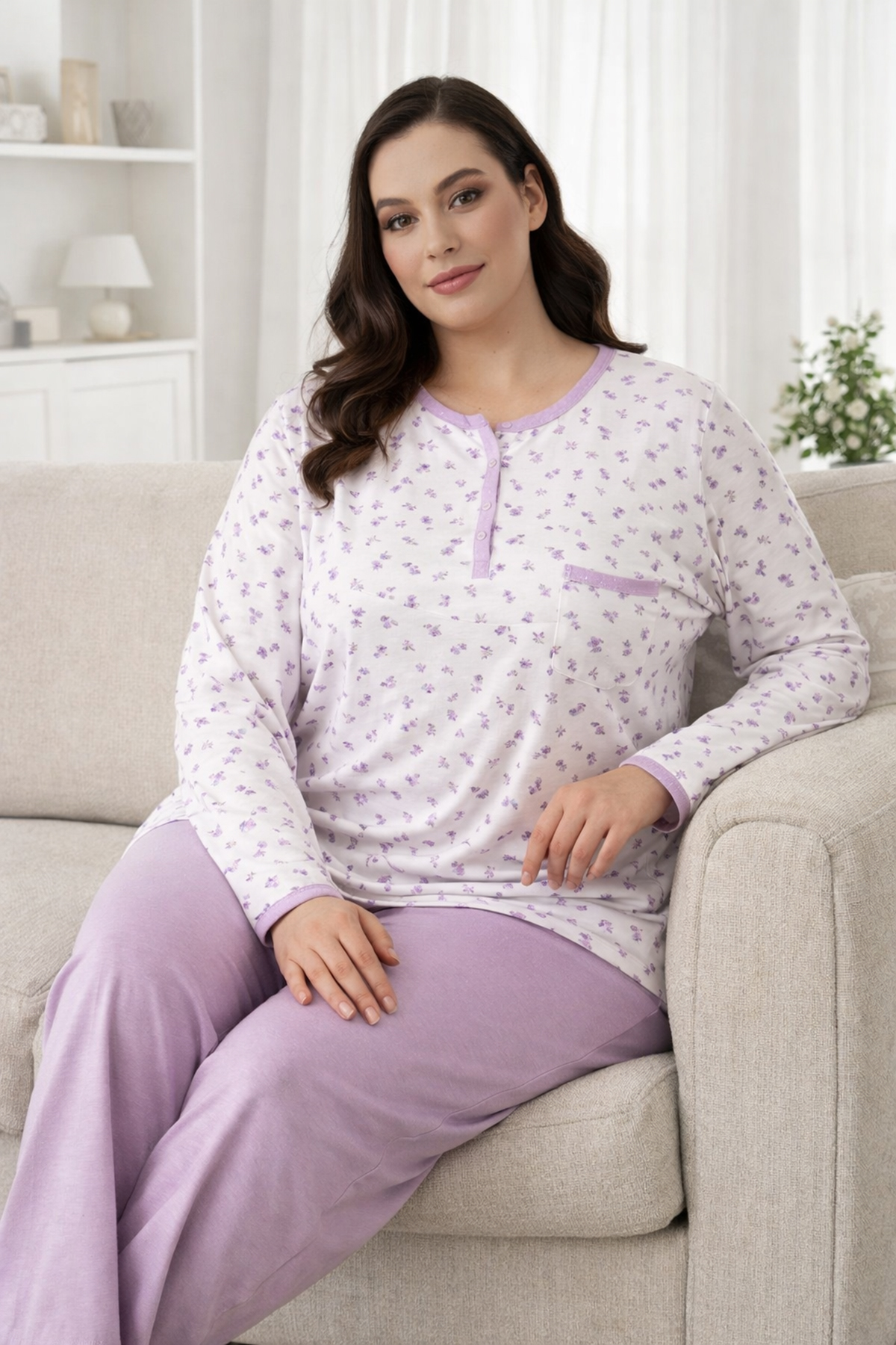 Kadın Uzun Kol Kroşetalı Patlı Pamuklu Pijama Takımı 240854 Beyaz 