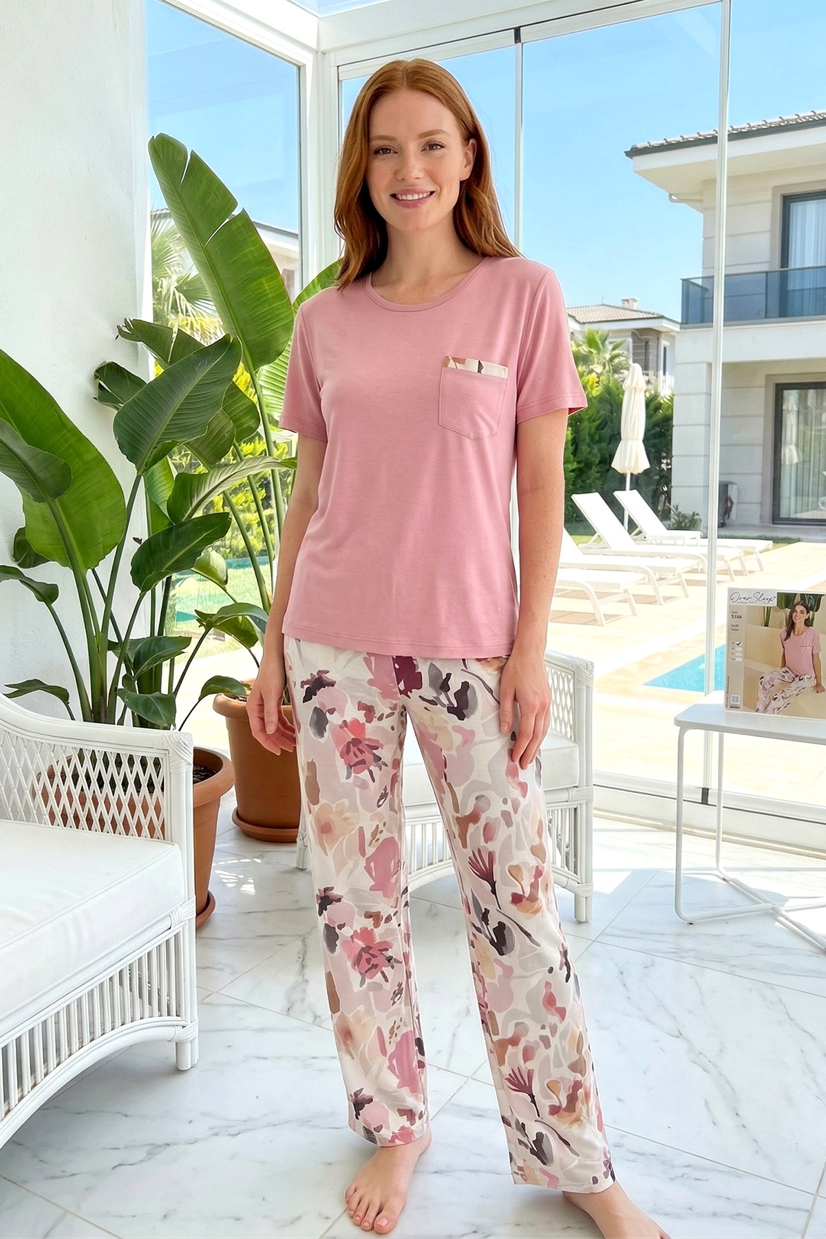 Kadın Viskon Kumaş Kısa Kol Pijama Takımı 3348 Pembe02