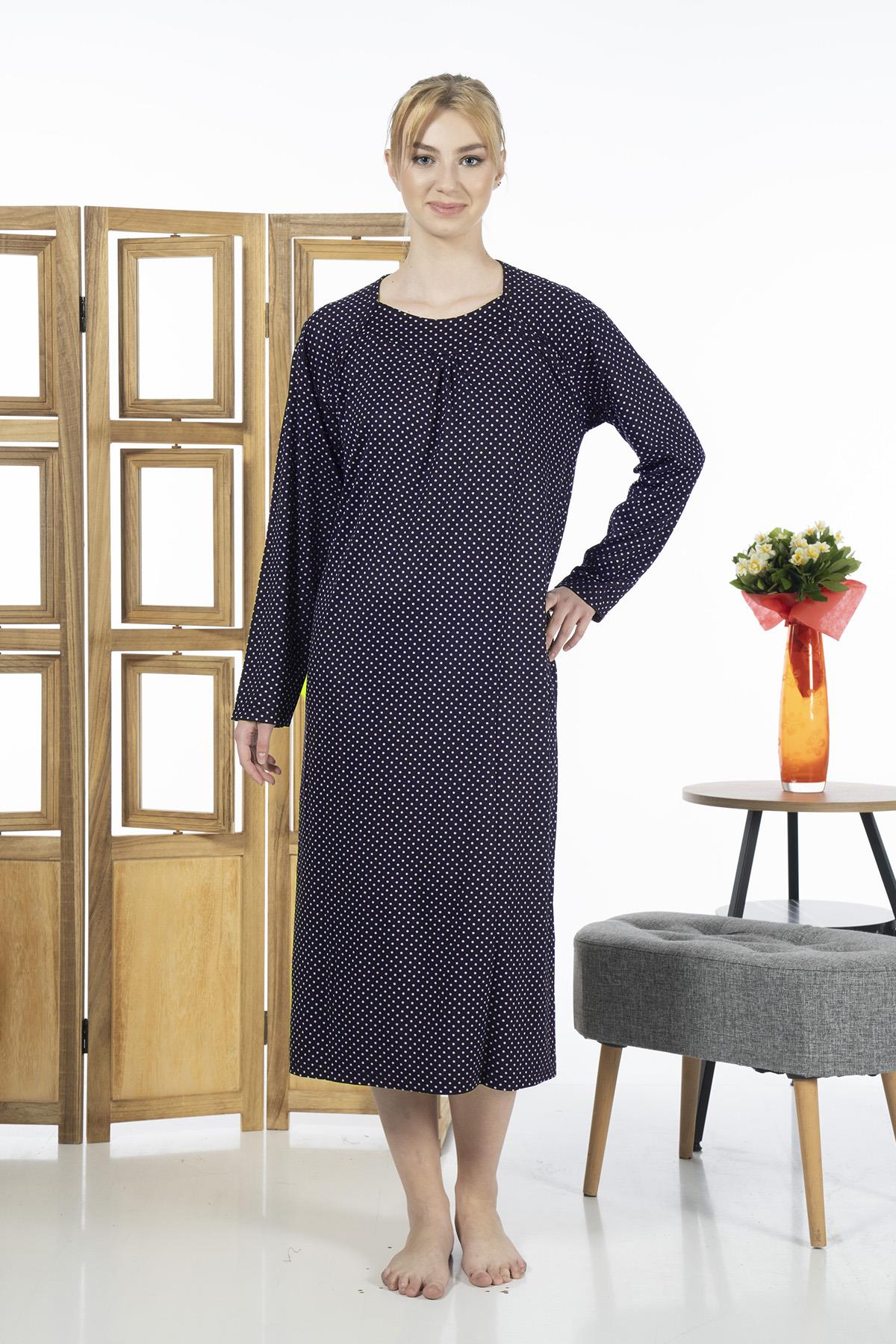 Kadın Viskon Likralı Pijama Elbise 23245 Puantiye Lacivert