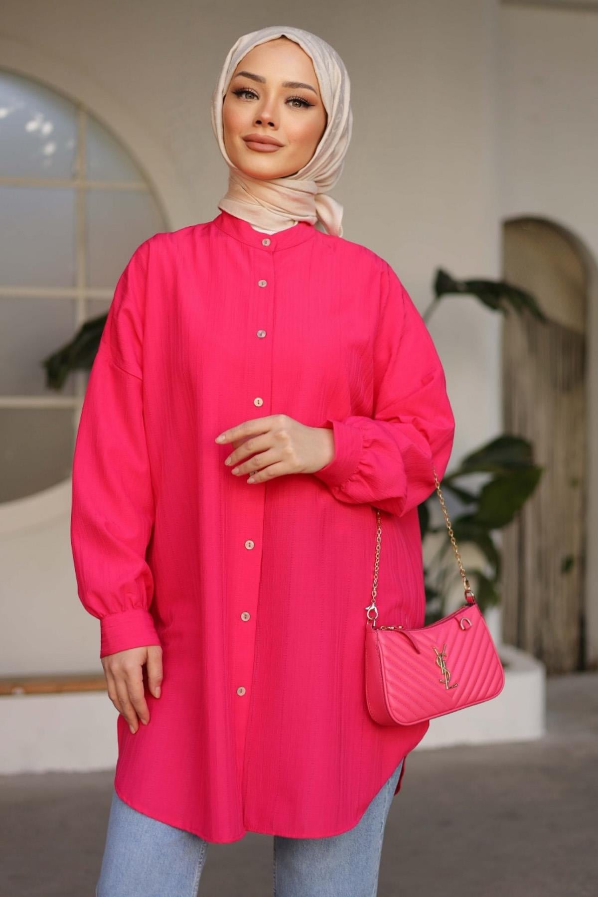 Kadın Viskon Oversize Tunik Gömlek 4092 Mara Fuşya
