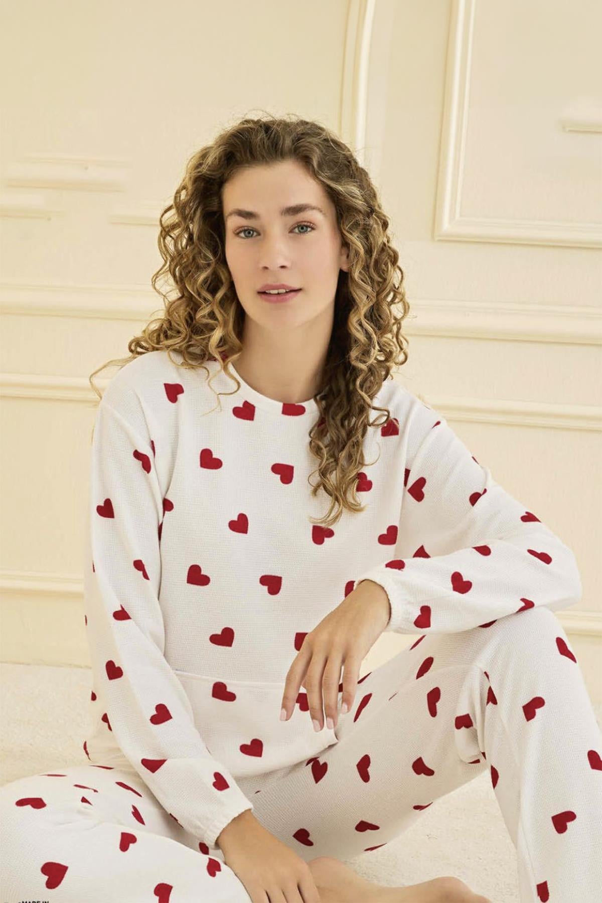 Kadın Waffle Kumaş Kalp Desen Pijama Takımı 70910 Ekru