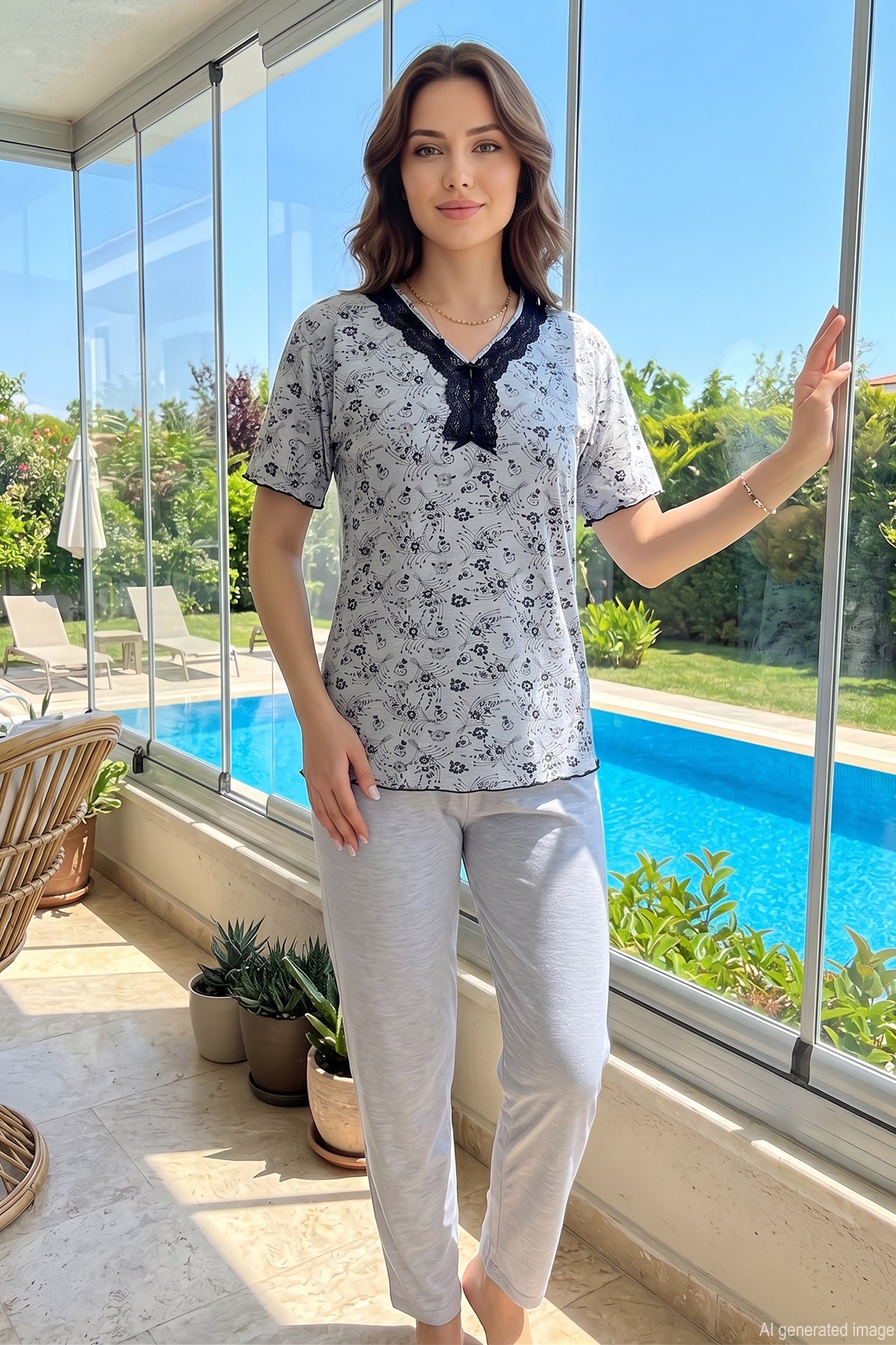 Kadın Yaka Kısmı Dantel Detay Kısa Kollu Penye Pijama Takımı 03 Buz Mavi