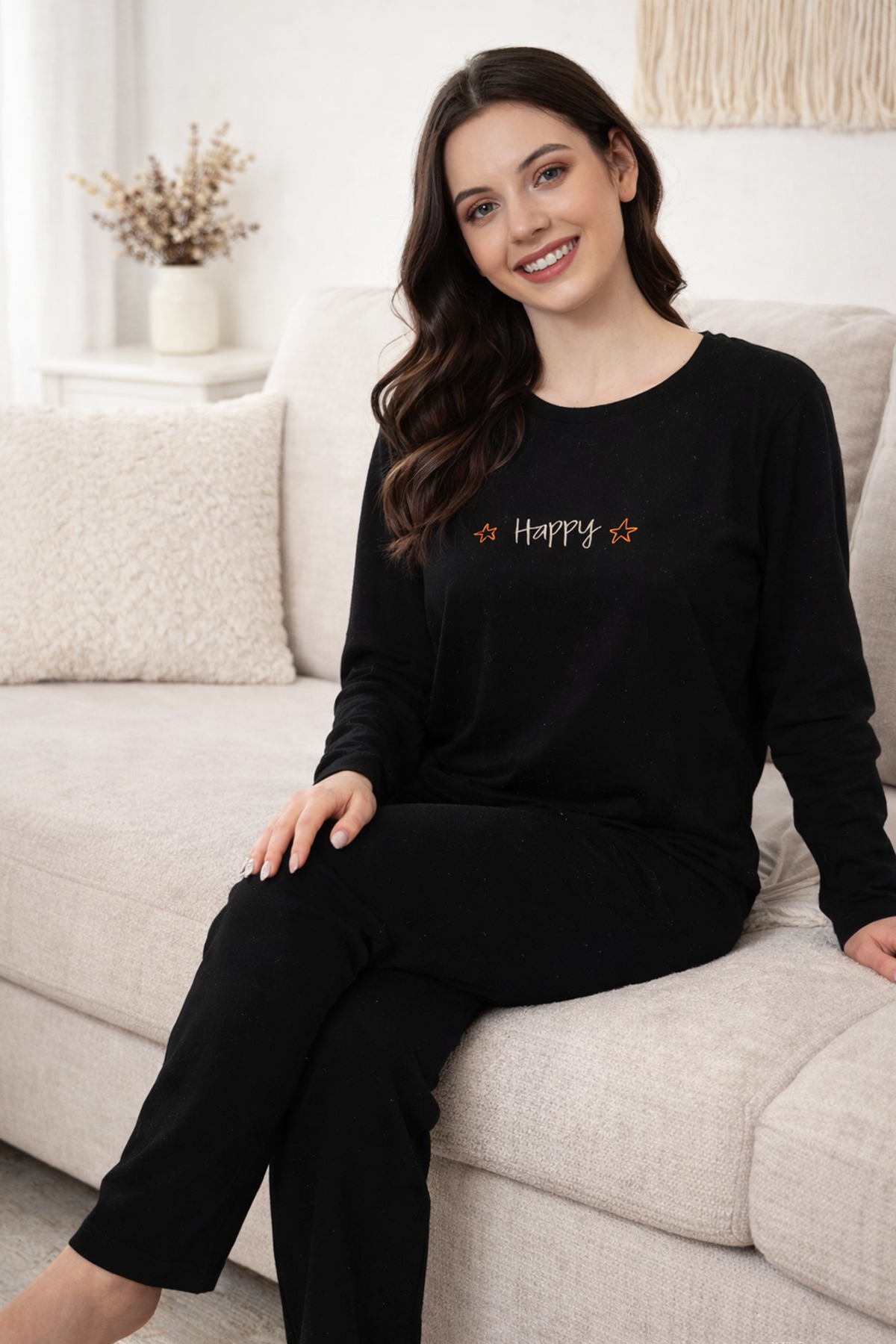 Kadın Yazı Desen Suprem Pijama Takımı 0608 Siyah06