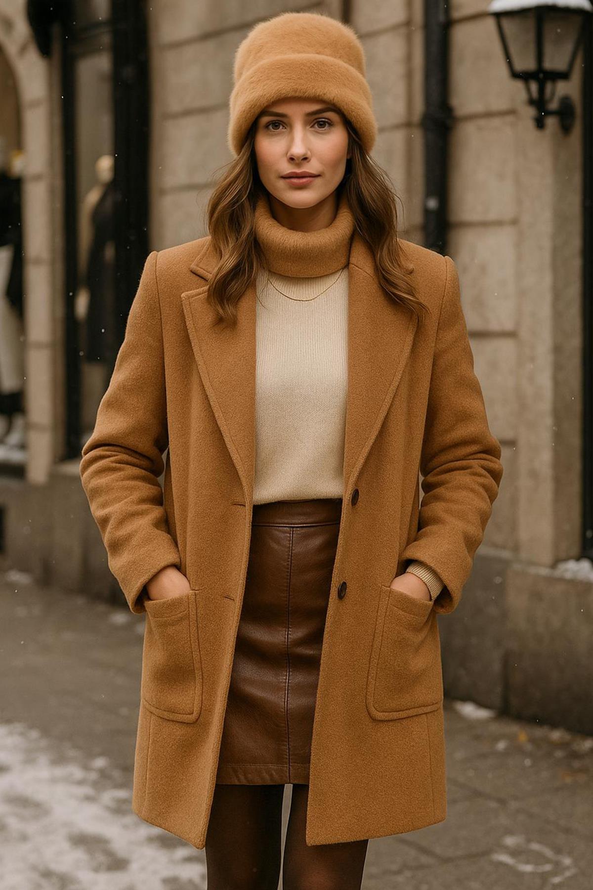 Kadın Yünlü Peluş Bere RKŞ-1146 Camel