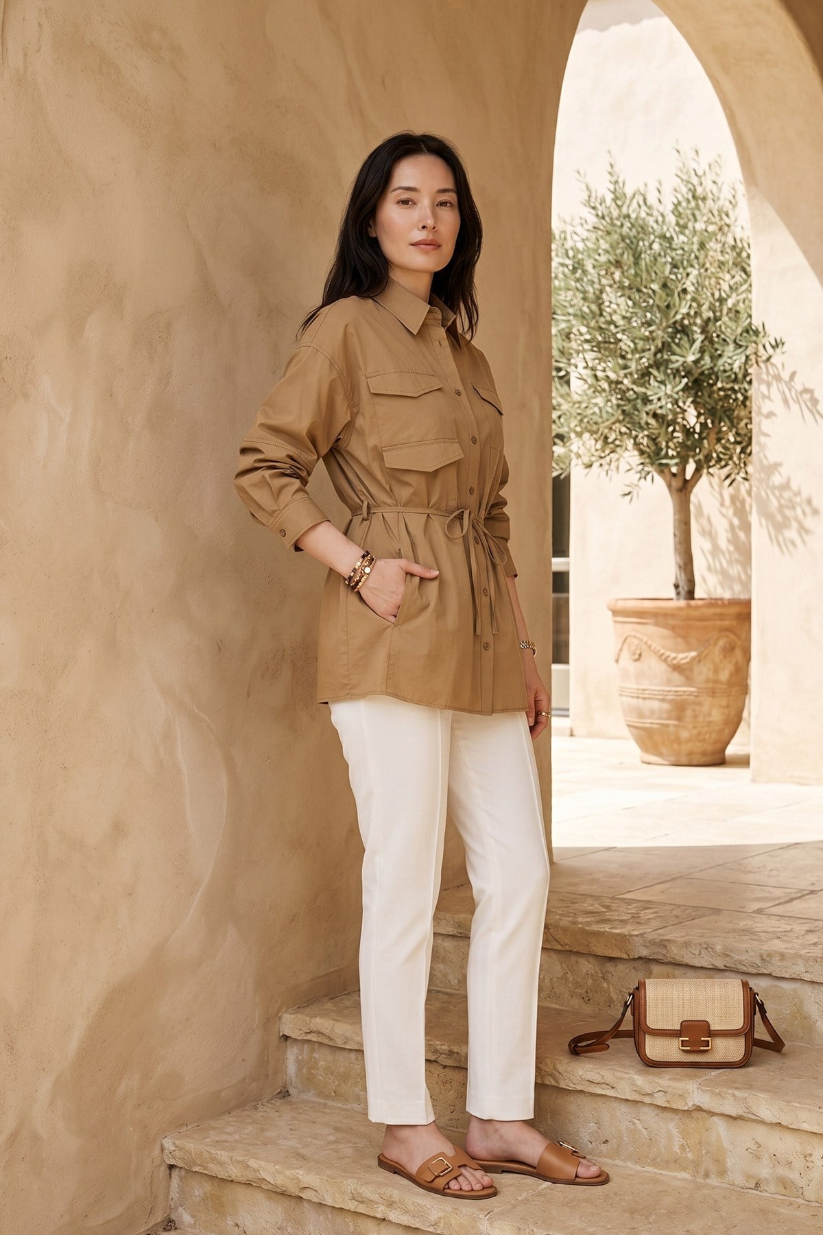 Kadriye Baştürk Cebi Biye Kemerli Oversize Gömlek 223 Camel