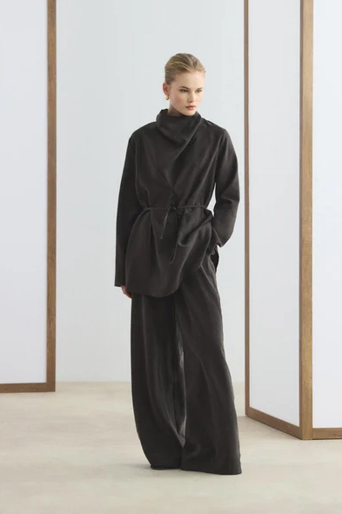 Kadriye Baştürk Drape Yaka Tunik Pantolon Takım 417 Acı Kahve