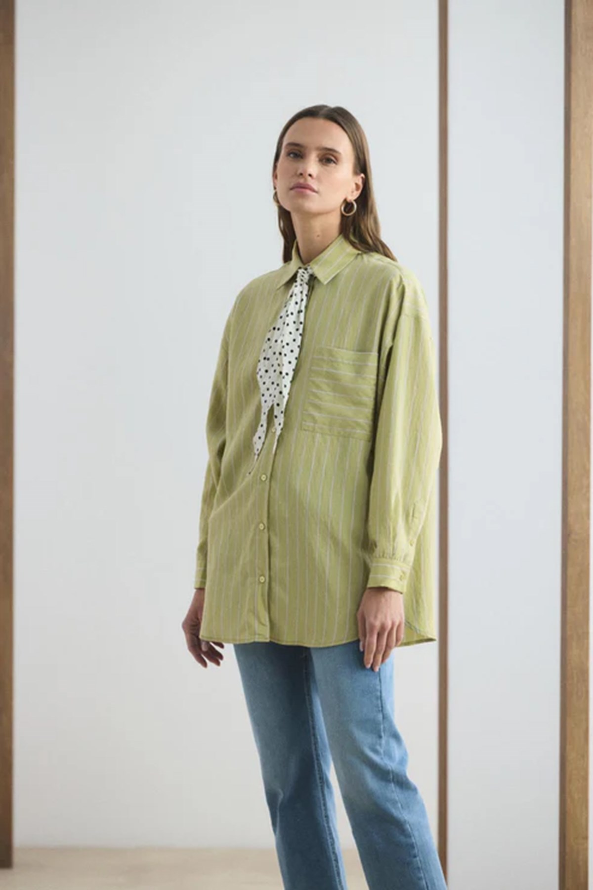 Kadriye Baştürk Oversize Çizgili Gömlek 210 Zeytin Yeşili