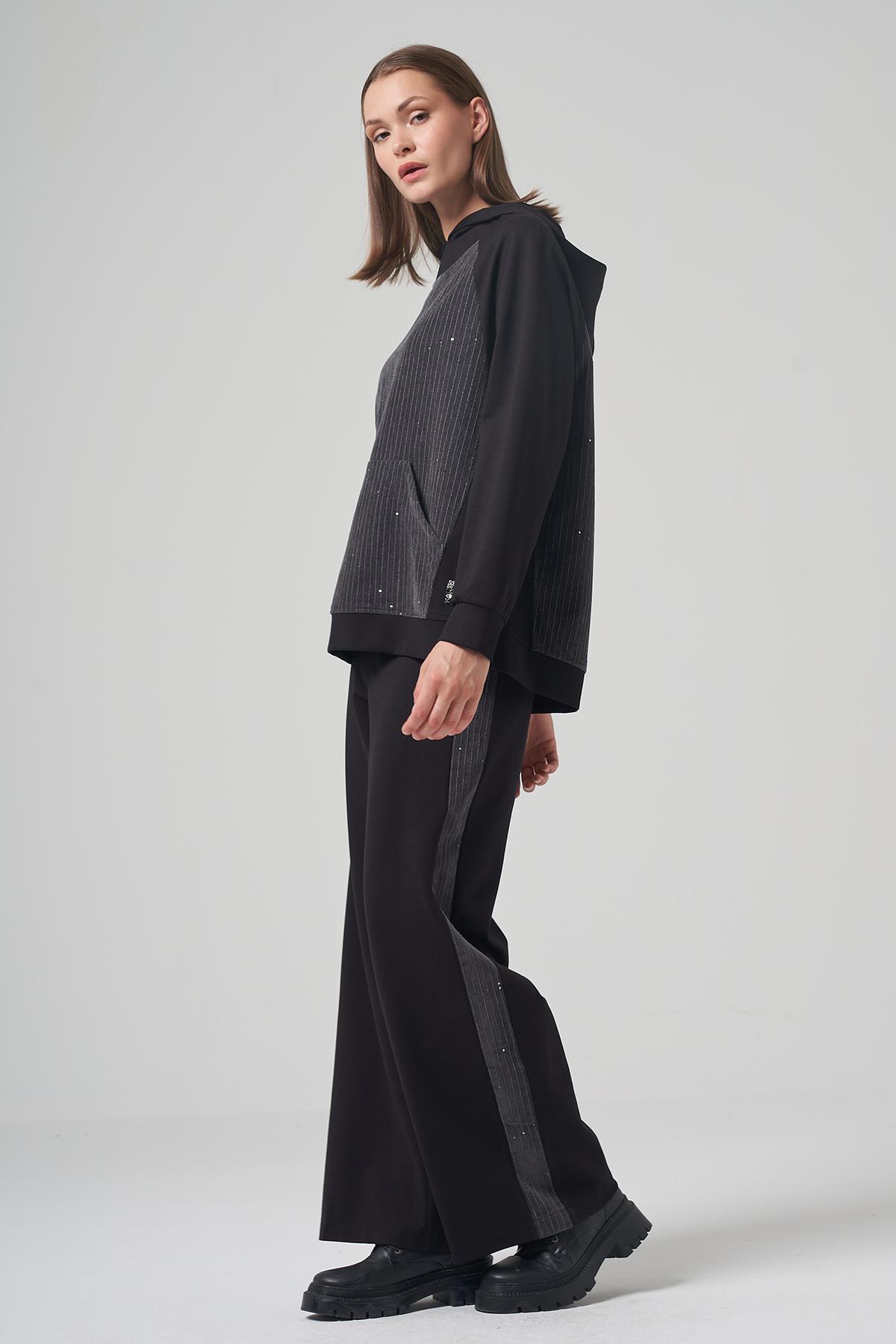 Kanguru Cepli Queen Sweat Tunik Pantolon Takım 6132 Siyah