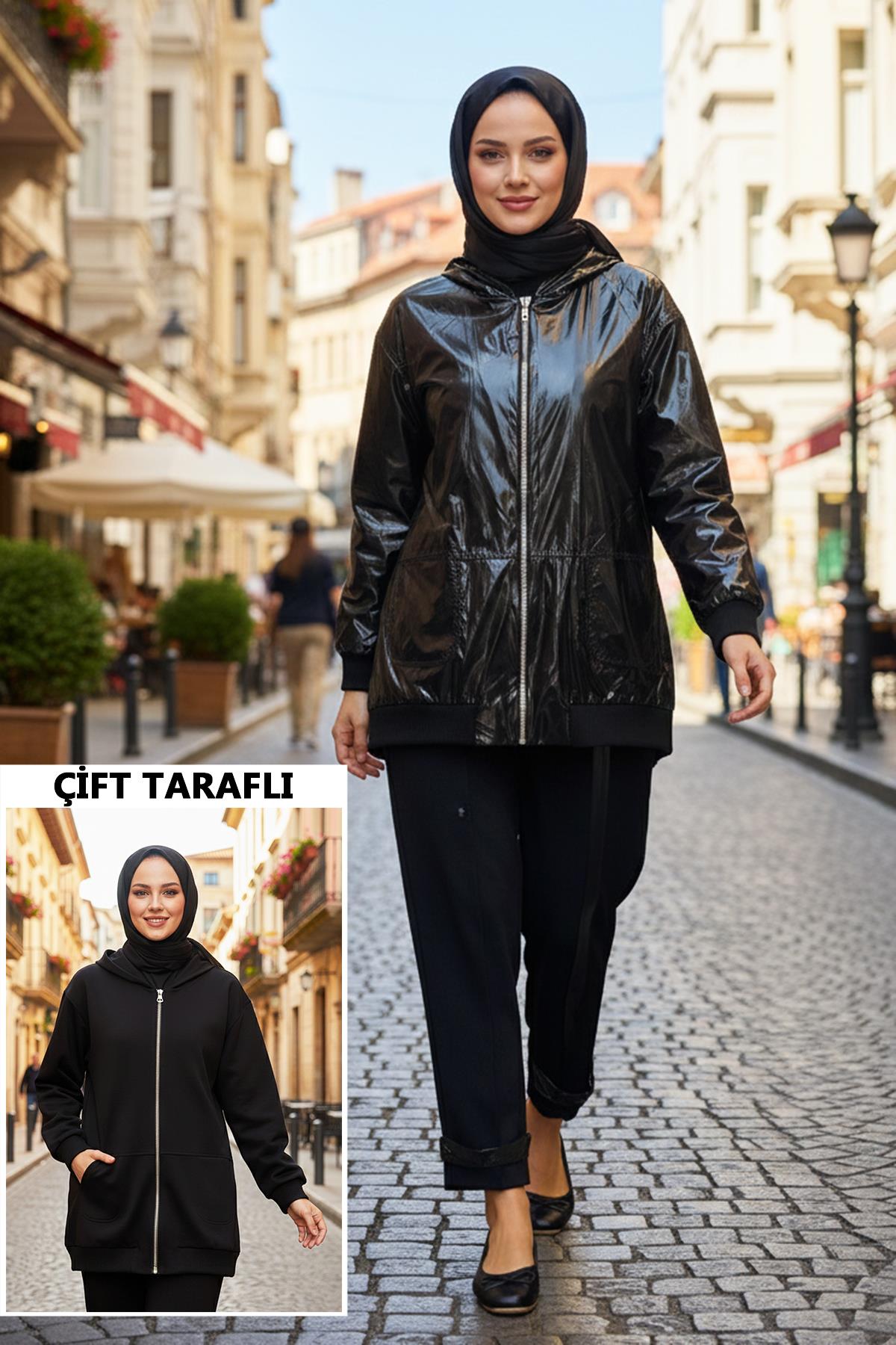 Kapüşon Detay  Çift Taraf Ceket Pantolon Takım 14290 Siyah