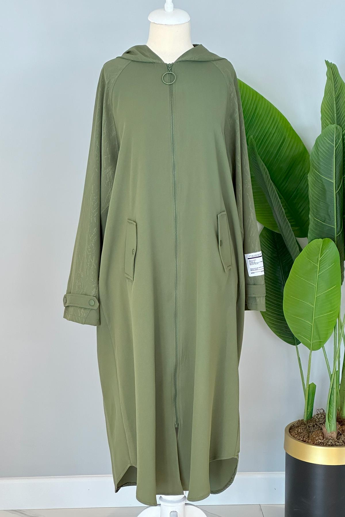 Kapüşon Detaylı Fermuarlı Kap Ceket Hırka 15163 Haki