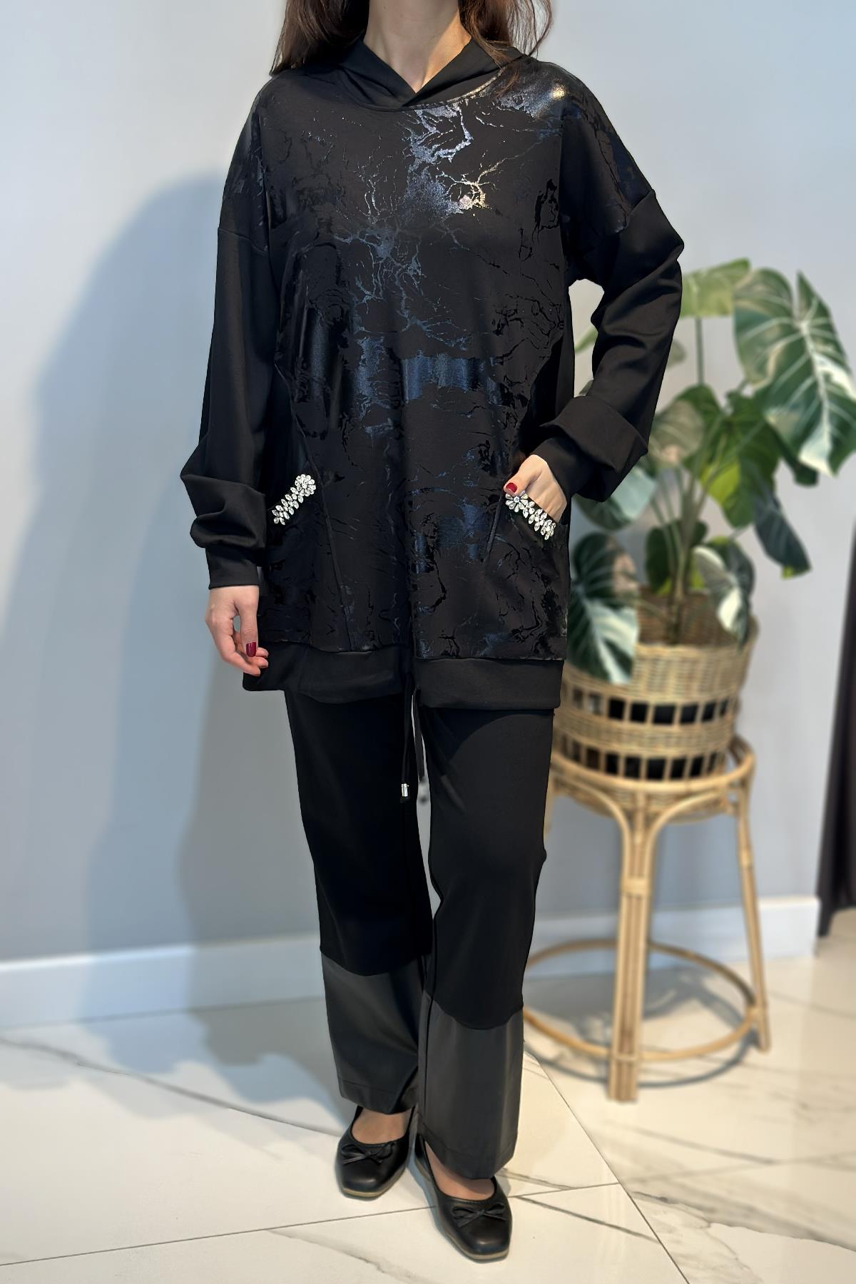 Kapüşonlu Baskı Detay Takım 19310 Siyah