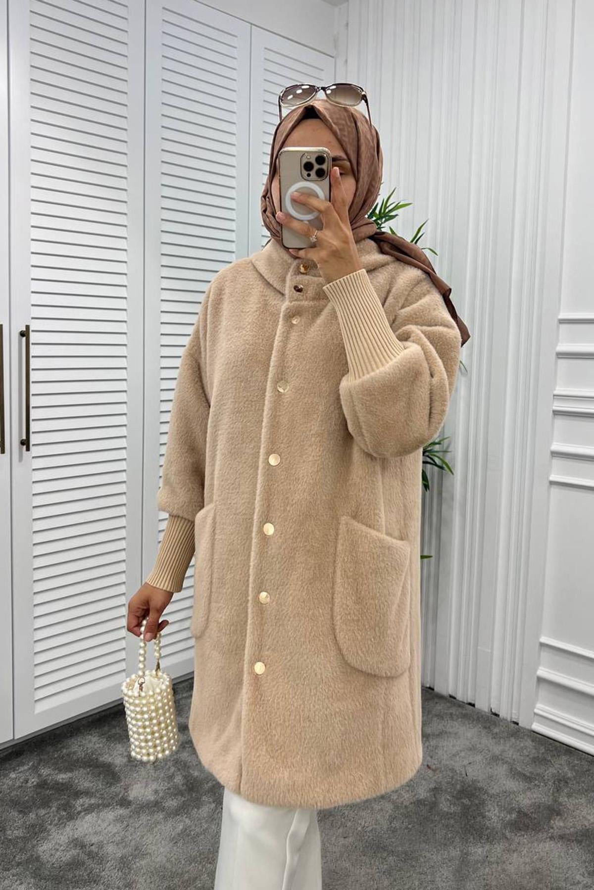 Kapüşonlu Düğme Detaylı Kürk Ceket 10388 Camel