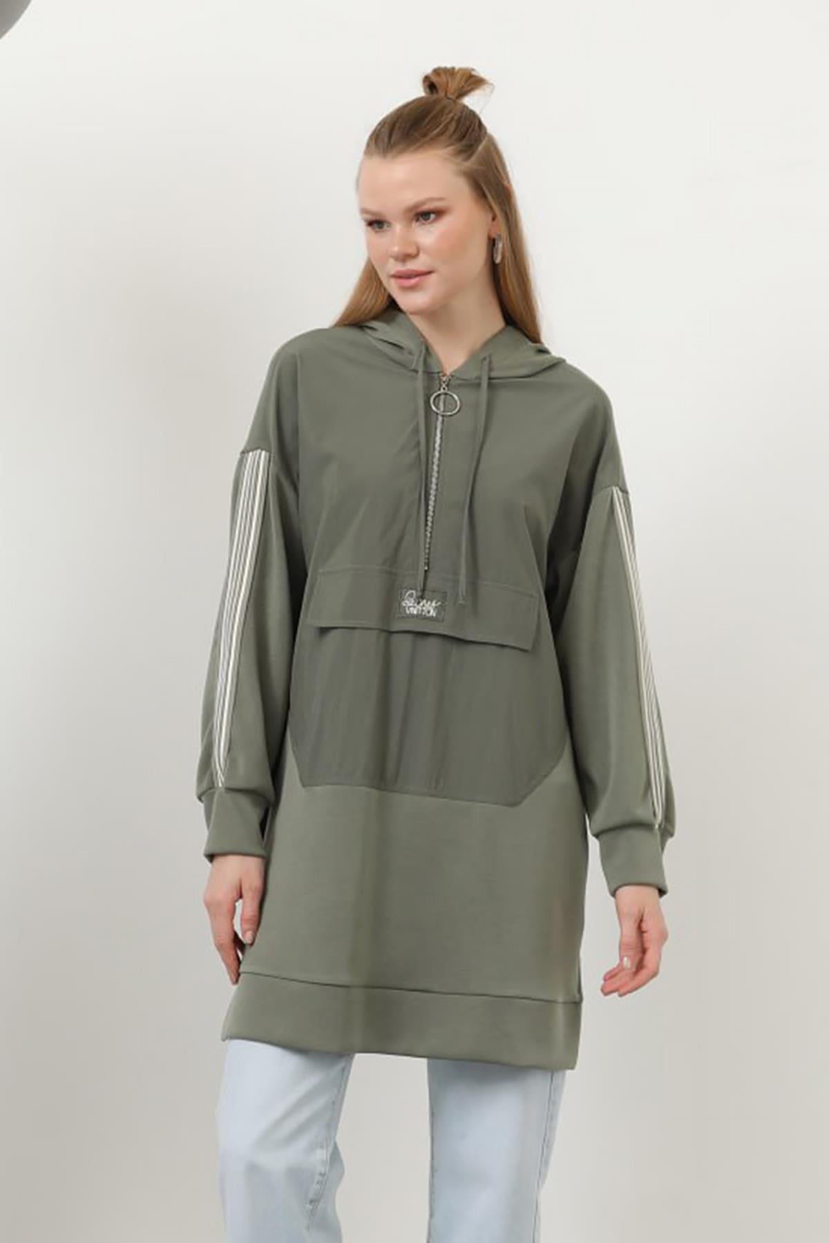 Kapüşonlu Fermuar Detay Paraşüt Cep Modal Sweat Tunik 10610 Haki