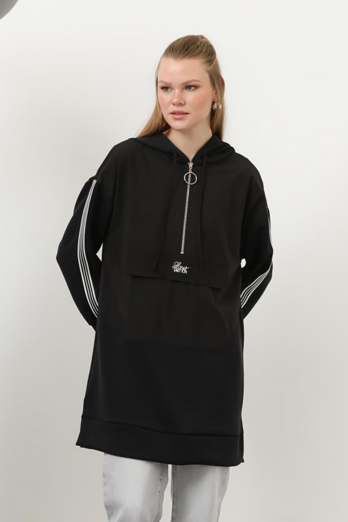 Kapüşonlu Fermuar Detay Paraşüt Cep Modal Sweat Tunik 10610 Siyah