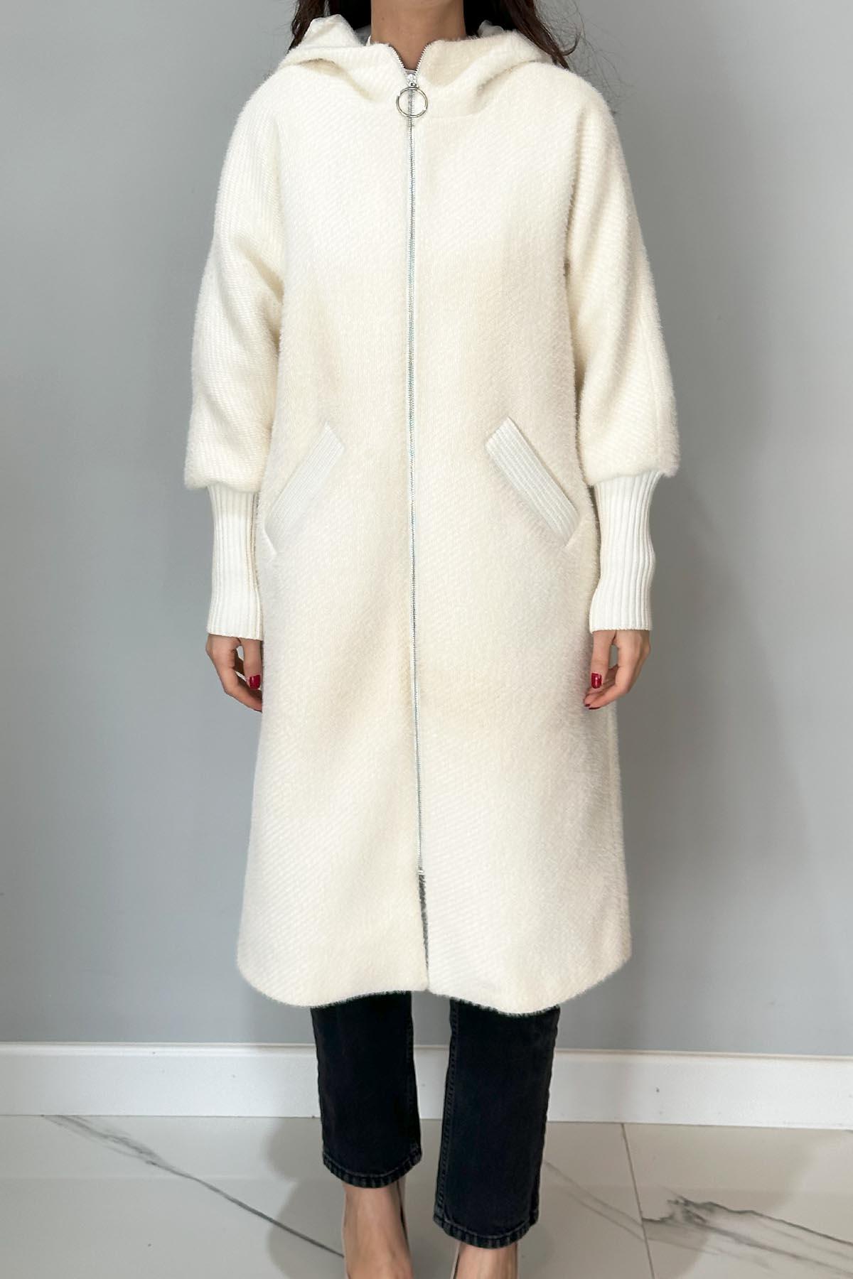 Kapüşonlu Fermuarlı Ceket Kaban 15196 Ekru