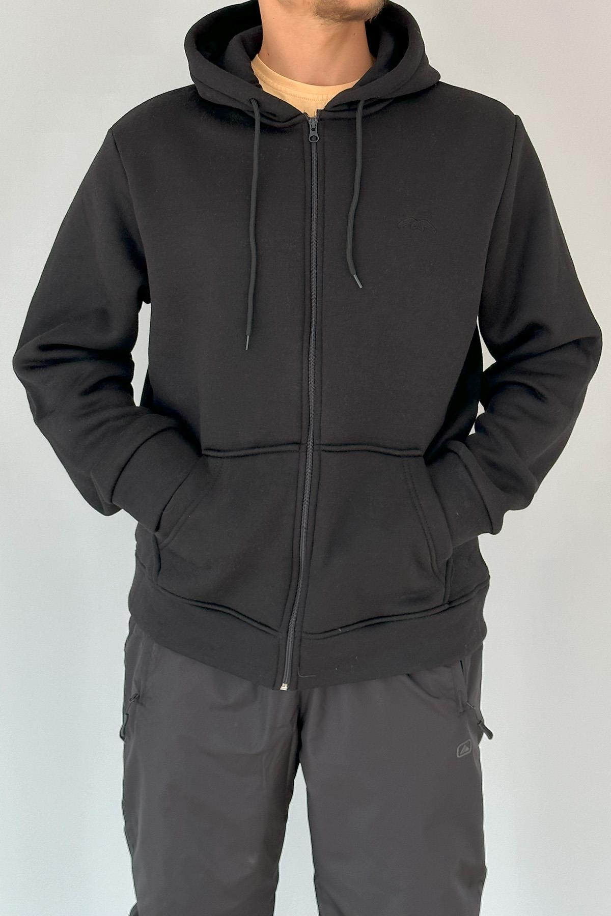 Kapüşonlu Fermuarlı Üç İplik Sweatshirt AXL140 Siyah