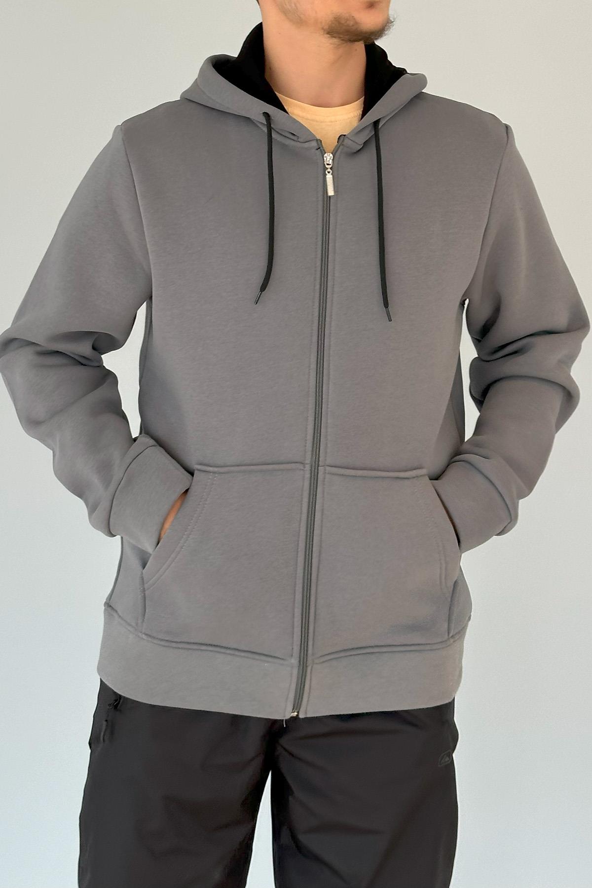 Kapüşonlu Fermuarlı Üç İplik Sweatshirt AXL142 Antrasit