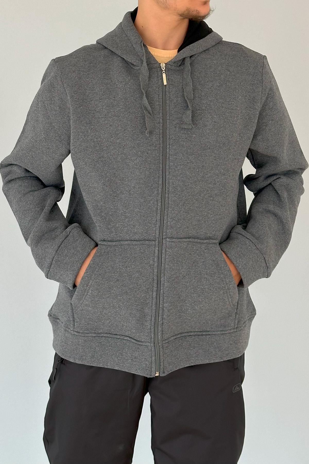 Kapüşonlu Fermuarlı Üç İplik Sweatshirt AXL141 Gri