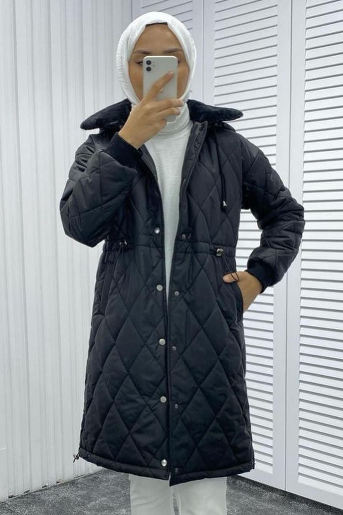 Kapüşonlu Kürk Detaylı Şişme Mont 10387 Siyah