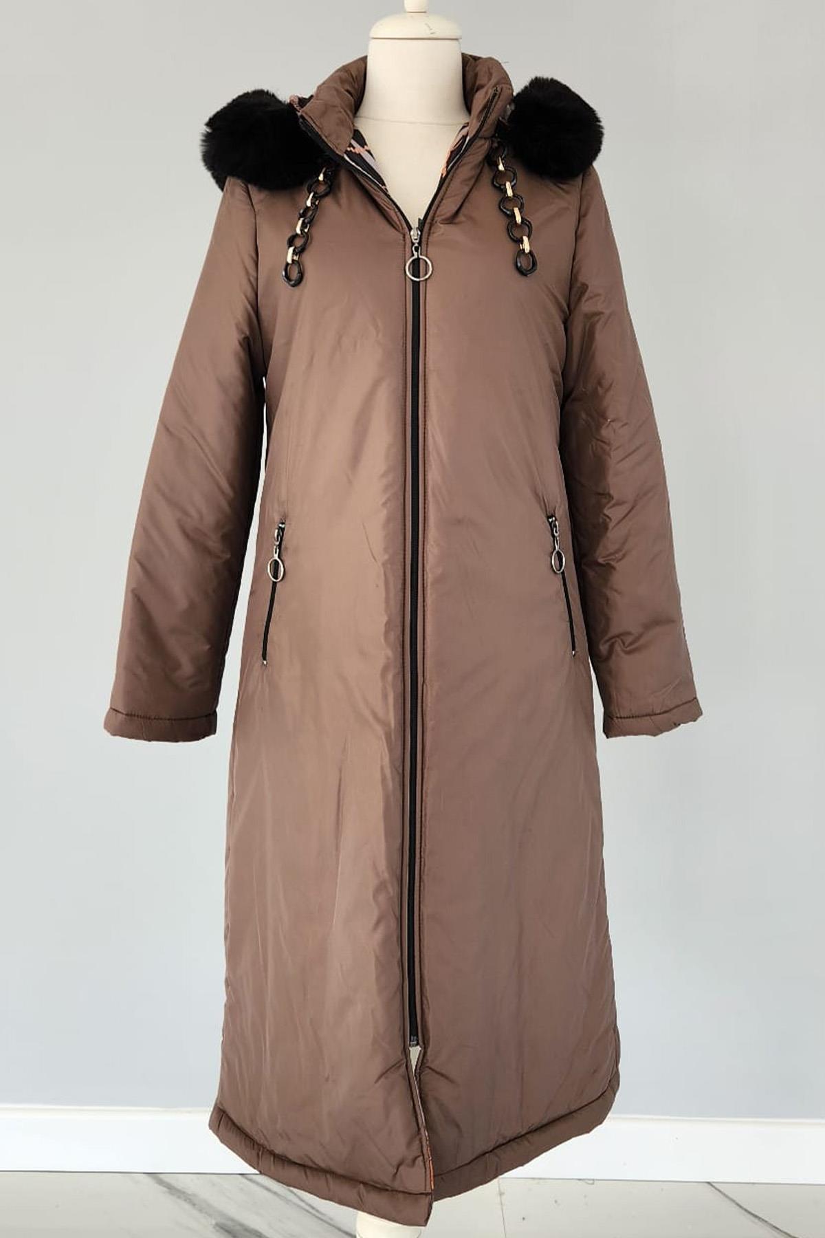 Kapüşonlu Mikro Zincir Kürk Detaylı 17725 Endiva Kaban Mont Kahve