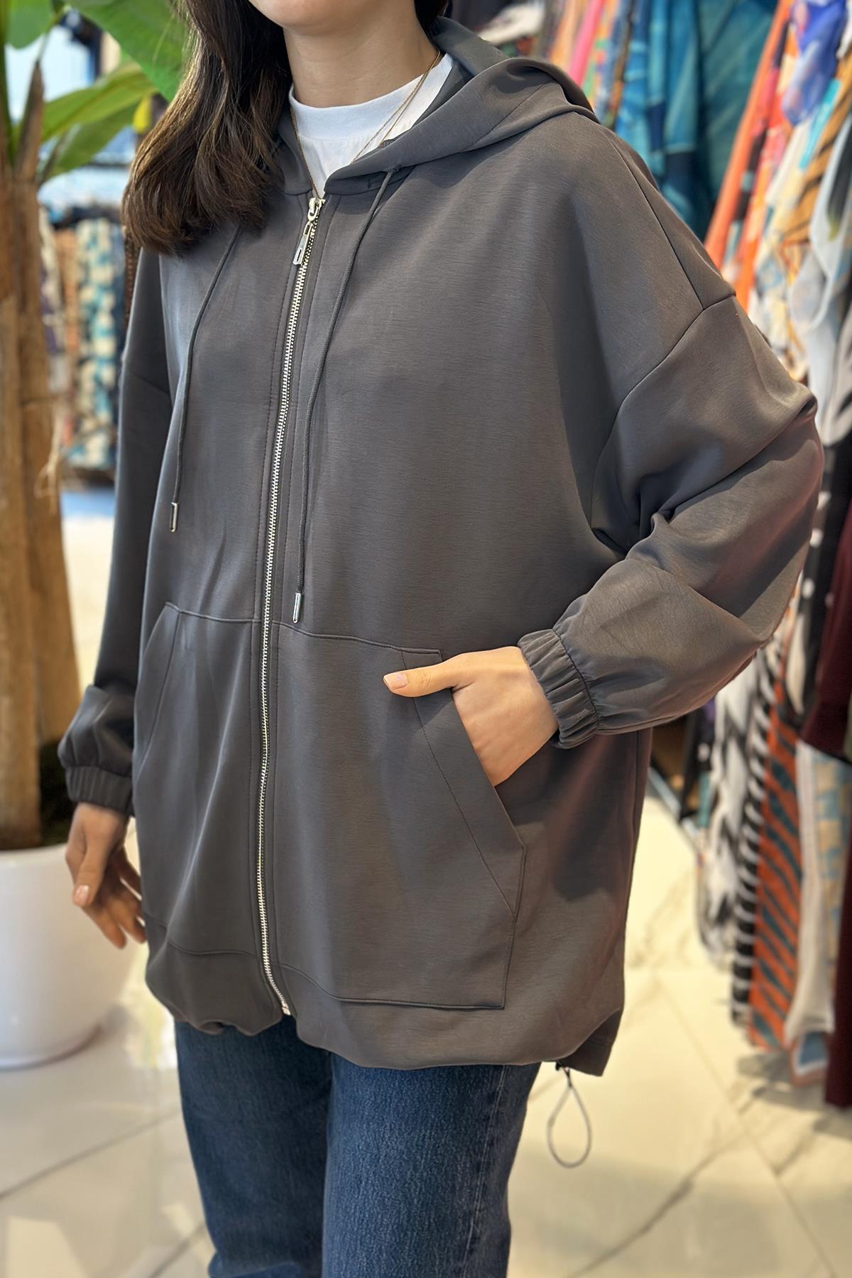 Kapüşonlu Modal Ceket 34343 Füme