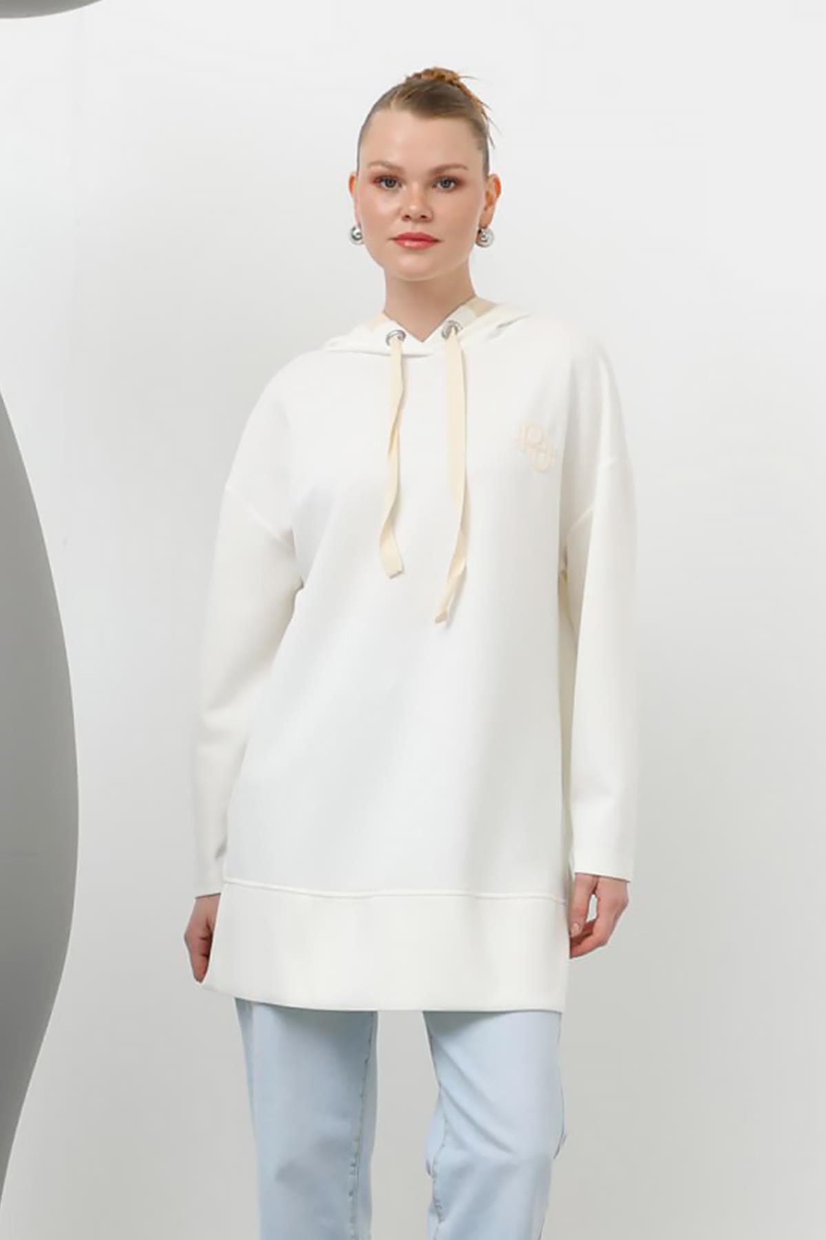 Kapüşonlu Modal Sweat Tunik 10615 Ekru