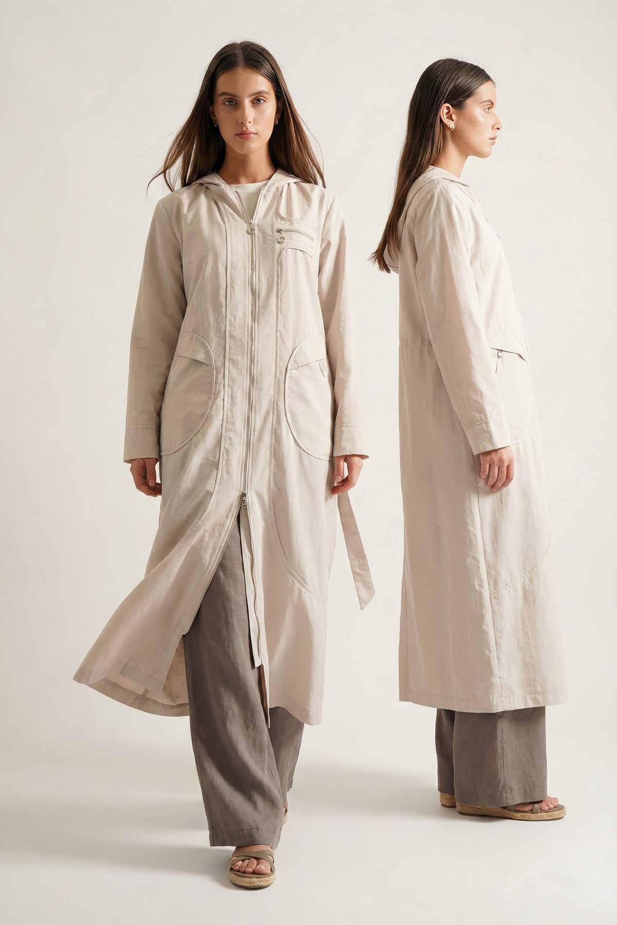 Kapüşonlu Yuvarlak Torba Cepli Fermuarlı Safari Kap 813 Taş