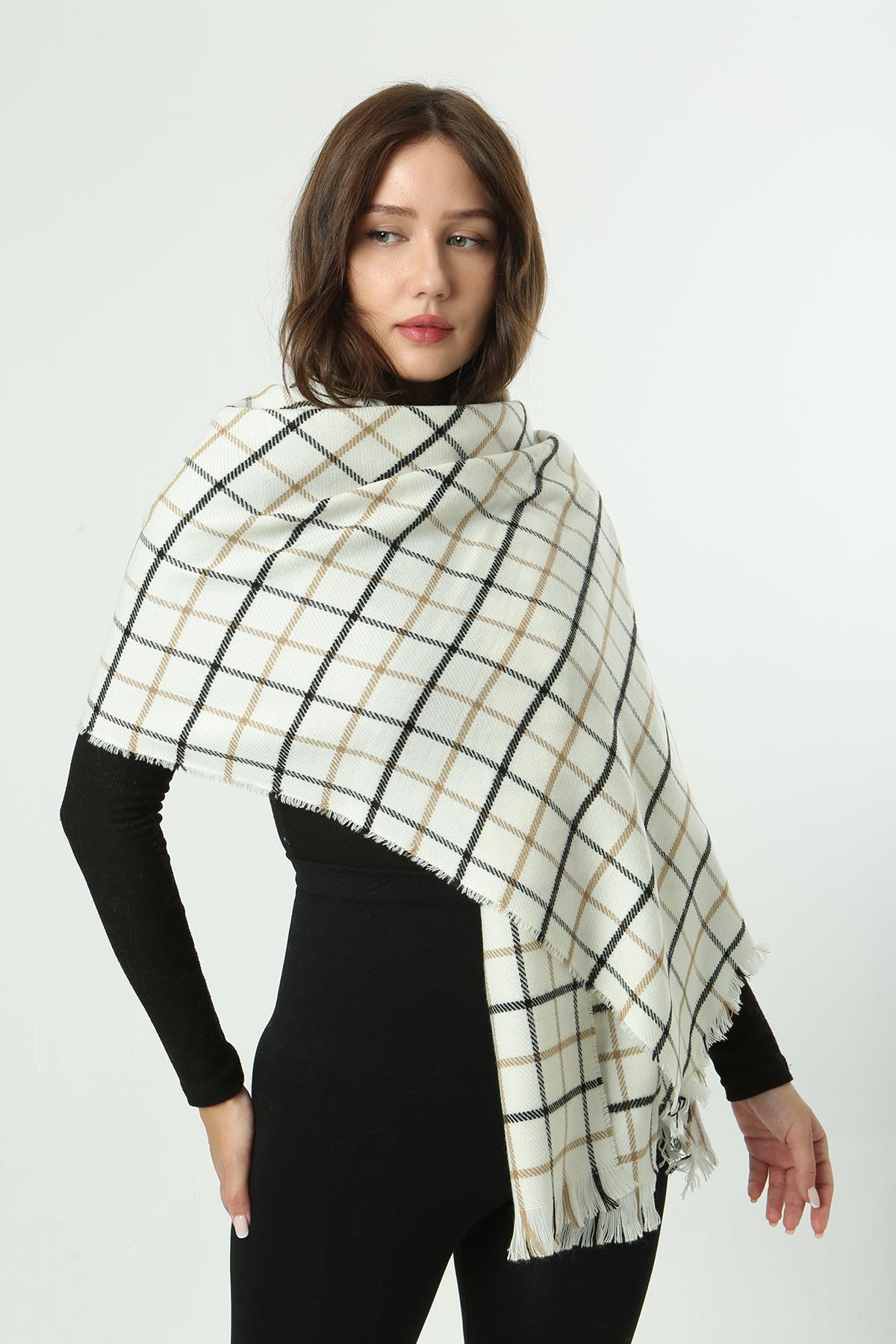Kare Desen Atkı Omuz Şalı 70X180 cm 1282 Ekru