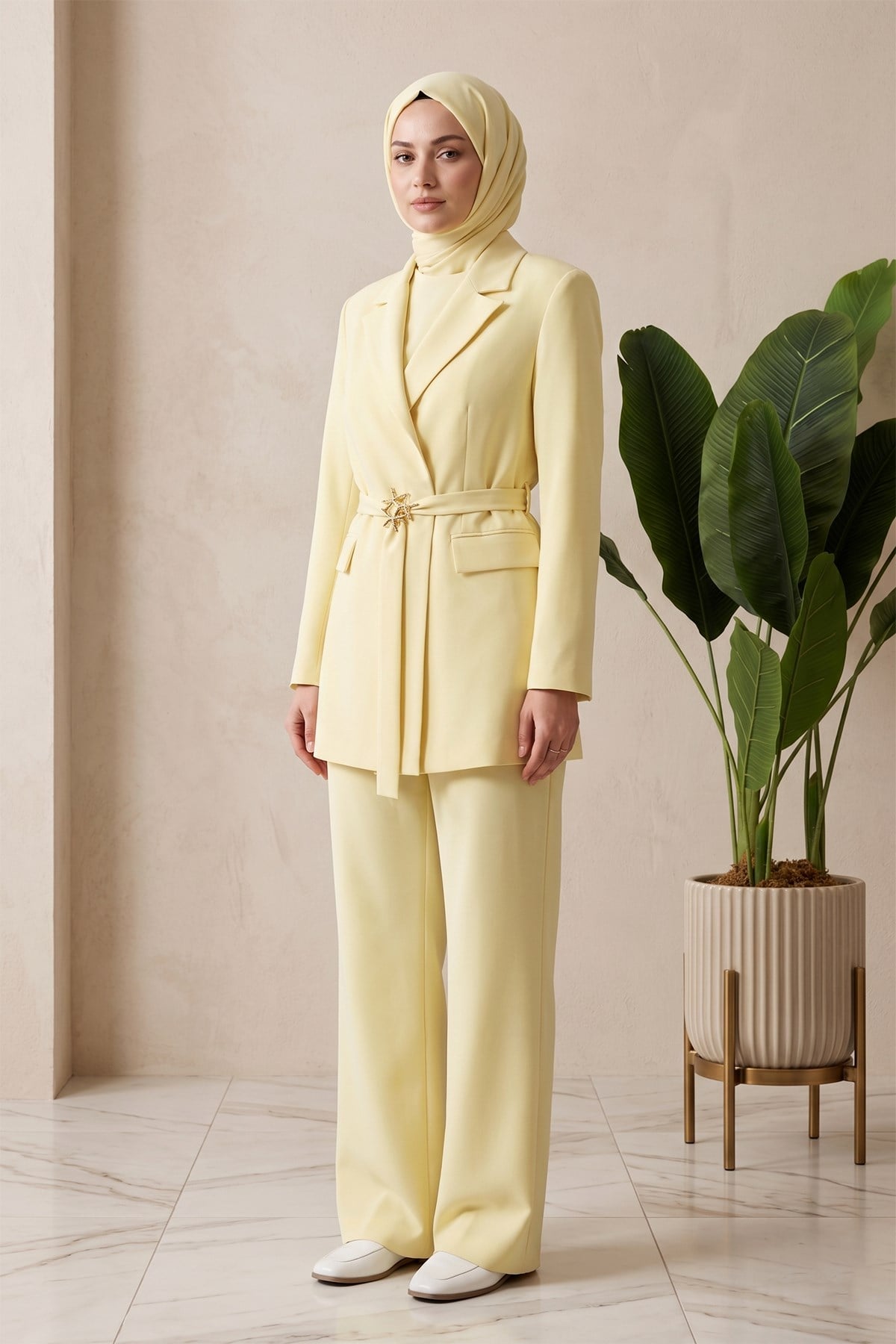Kemer Detay Blazer Ceket Pantolon Takım 15267 Sarı