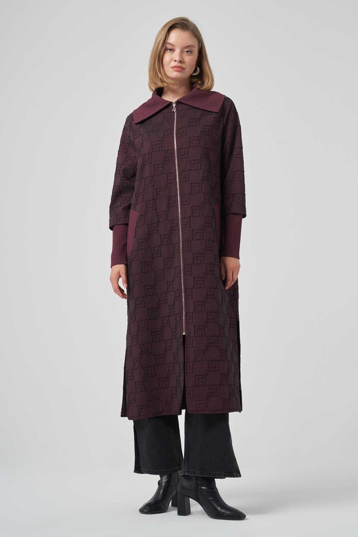 Kemer Detay Uzun Kap Ceket Pardesü 6004 Bordo