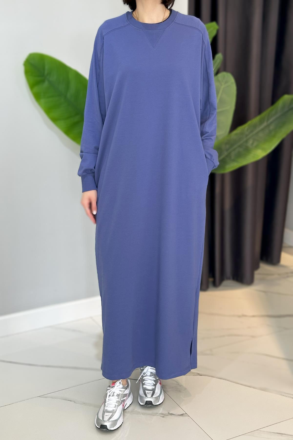 Kesik ve Dikiş Detaylı Basic Elbise 34190 İndigo