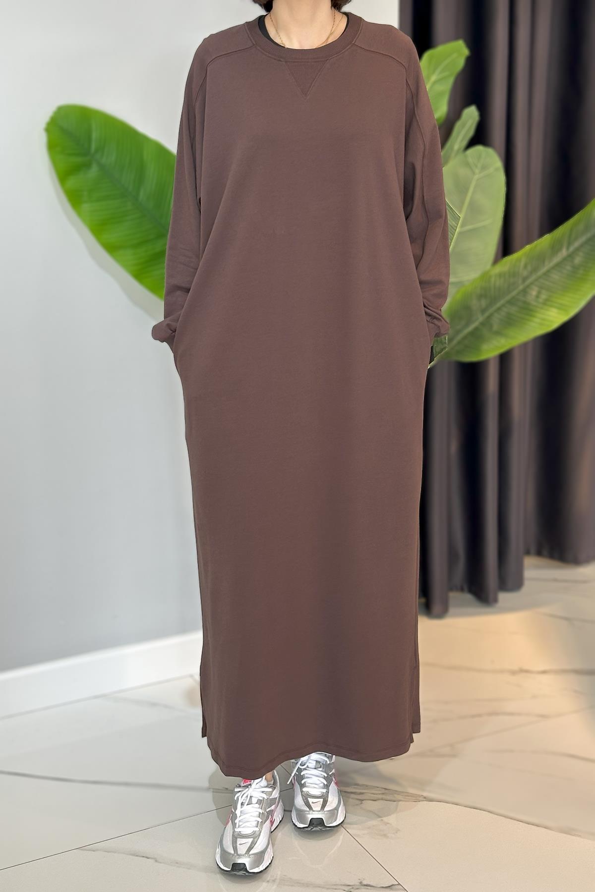 Kesik ve Dikiş Detaylı Basic Elbise 34190 Kahverengi