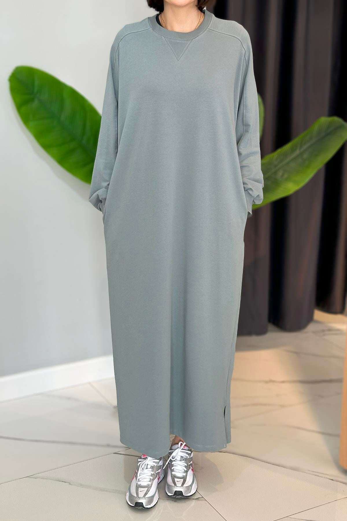 Kesik ve Dikiş Detaylı Basic Elbise 34190 Füme