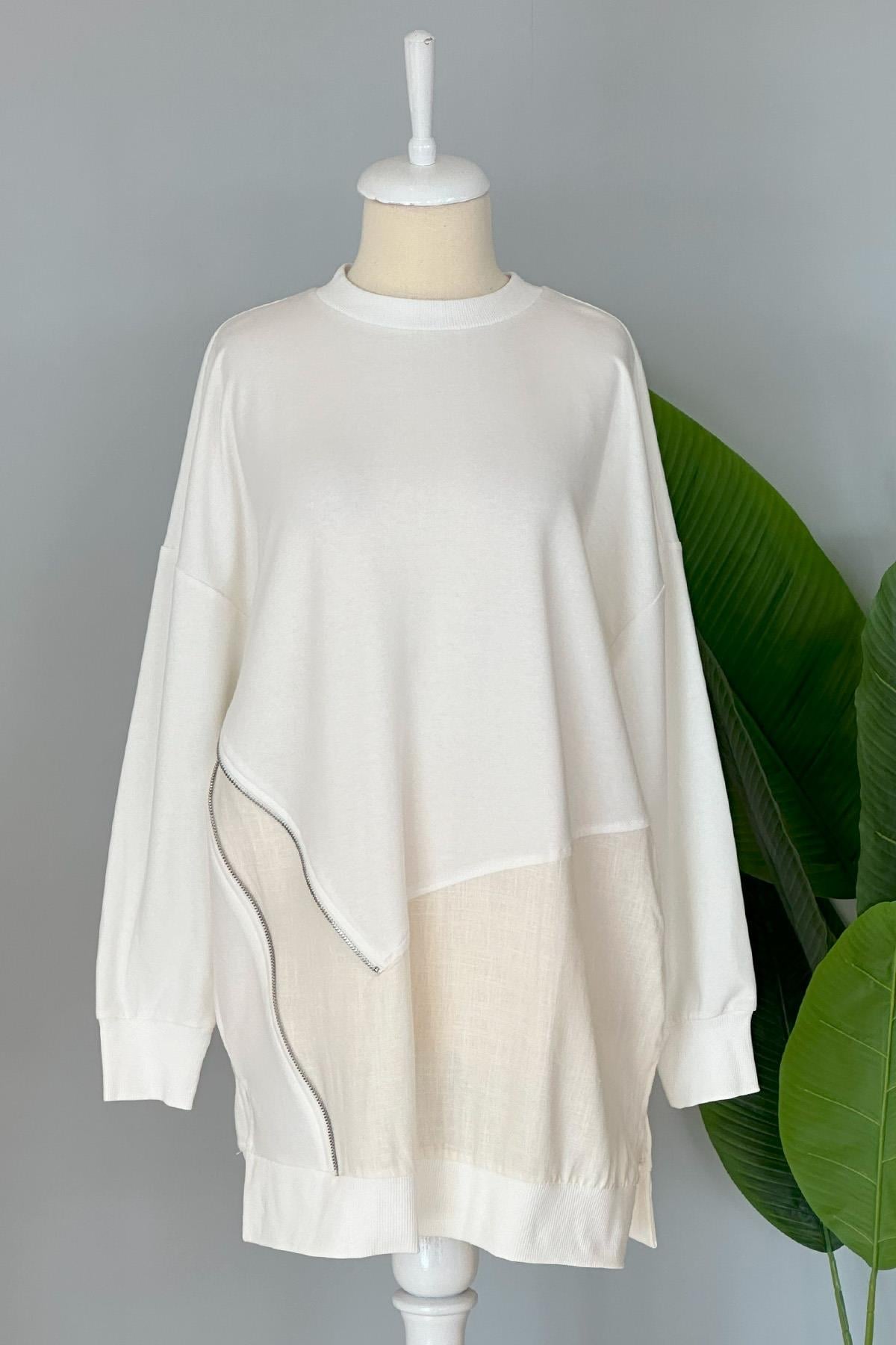 Keten Detaylı Sweat Tunik 10463 Ekru