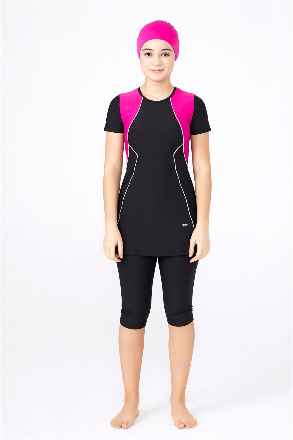 Kız Çocuk Genç Kız Garson Boy Yarı Kapalı Tesettür Mayo 5177 Siyah Remsa Mayo